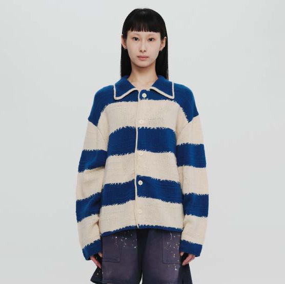 Pla24awkt05-1_Blue/Beige | L/s knit stripe shirt | Color:Blue/Beige【PLATEAU STUDIO_プラトー スタジオ】