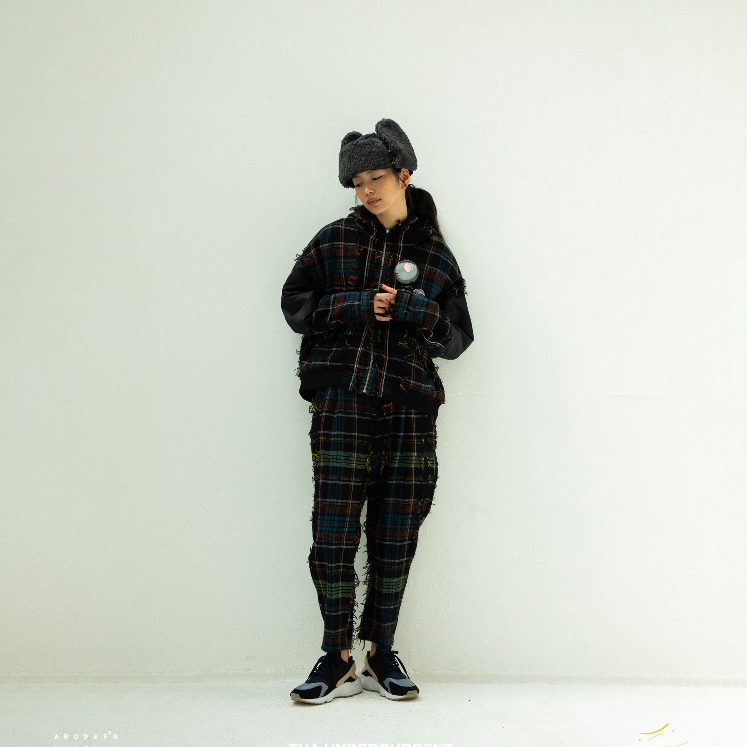 FRINGE WOOL CHECK WIDE SLACKS | Color_Black | No_sf25aw-03_black【STOF_ストフ】
