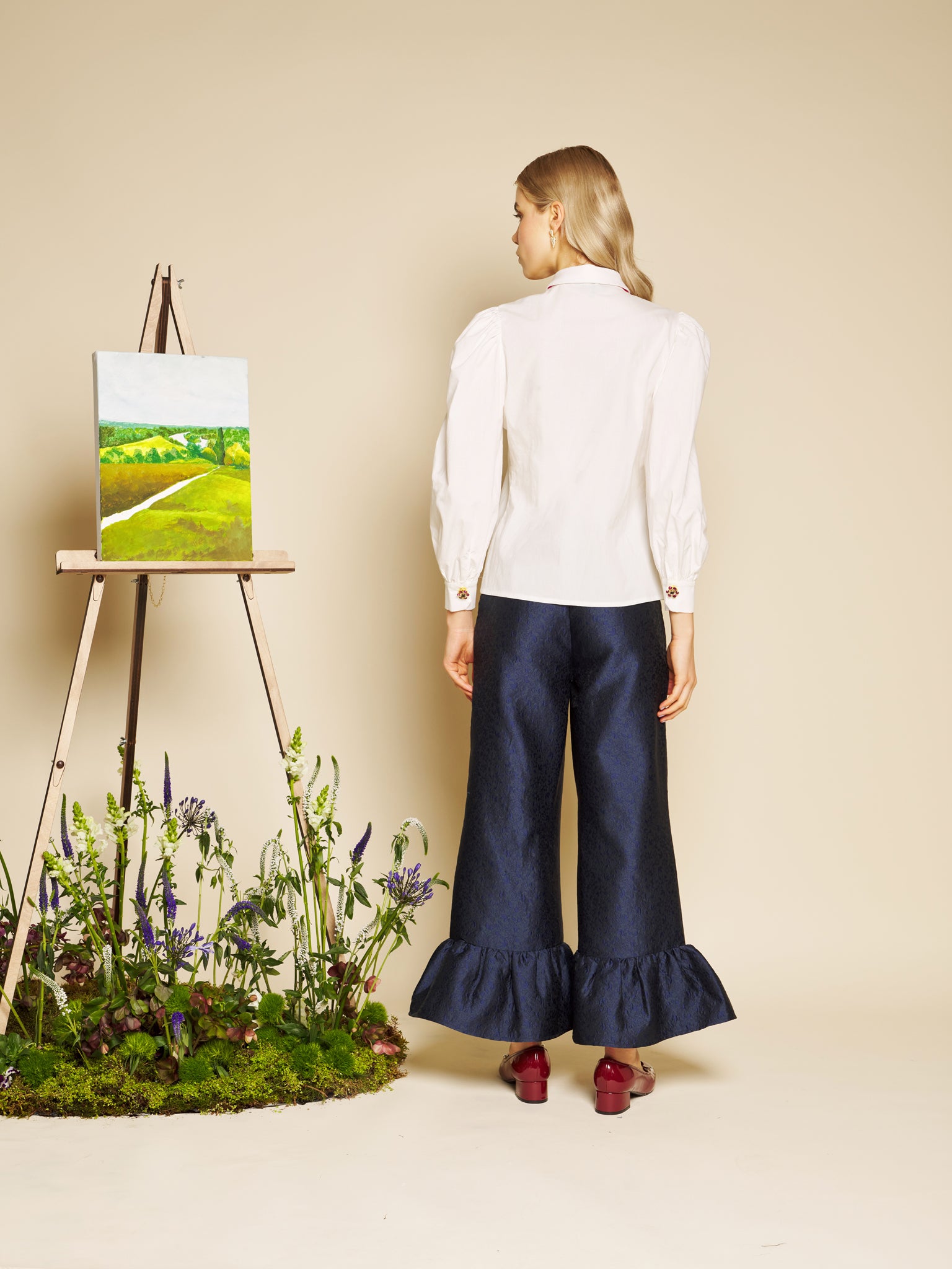 Orchid Jacquard Ruffle Trousers – Navy | SISTER JANE