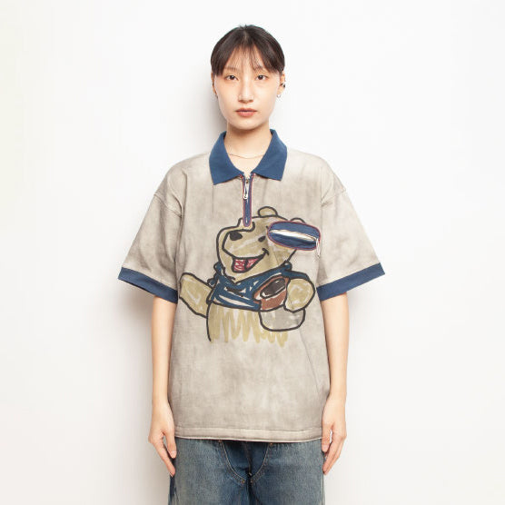 Pla25sst07_Navy/Beige | Half zip polo | Color:Navy / Beige【PLATEAU STUDIO_プラトー スタジオ】