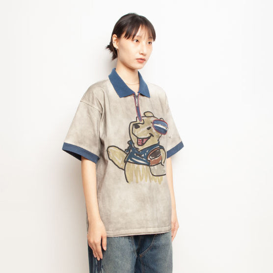 Pla25sst07_Navy/Beige | Half zip polo | Color:Navy / Beige【PLATEAU STUDIO_プラトー スタジオ】
