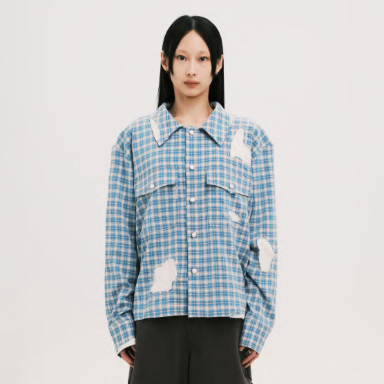 Pla25sst30_Blue Check | Hand patch l/s shirt | Color:Blue Check【PLATEAU STUDIO_プラトー スタジオ】【archive】