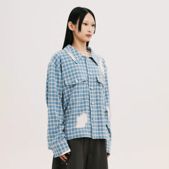 Pla25sst30_Blue Check | Hand patch l/s shirt | Color:Blue Check【PLATEAU STUDIO_プラトー スタジオ】【archive】