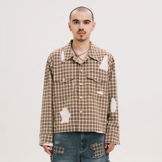Pla25sst32_Brown Check | Hand patch l/s shirt | Color:Brown Check【PLATEAU STUDIO_プラトー スタジオ】【archive】