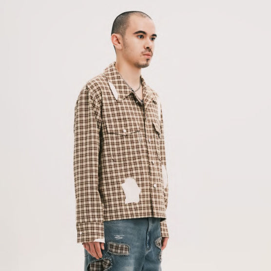 Pla25sst32_Brown Check | Hand patch l/s shirt | Color:Brown Check【PLATEAU STUDIO_プラトー スタジオ】【archive】