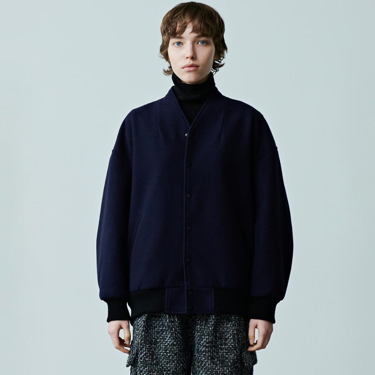 No:MIL23FJK3210 | COLLARLESS VARSITY JACKET | Navy/Ecru | KHA:KI