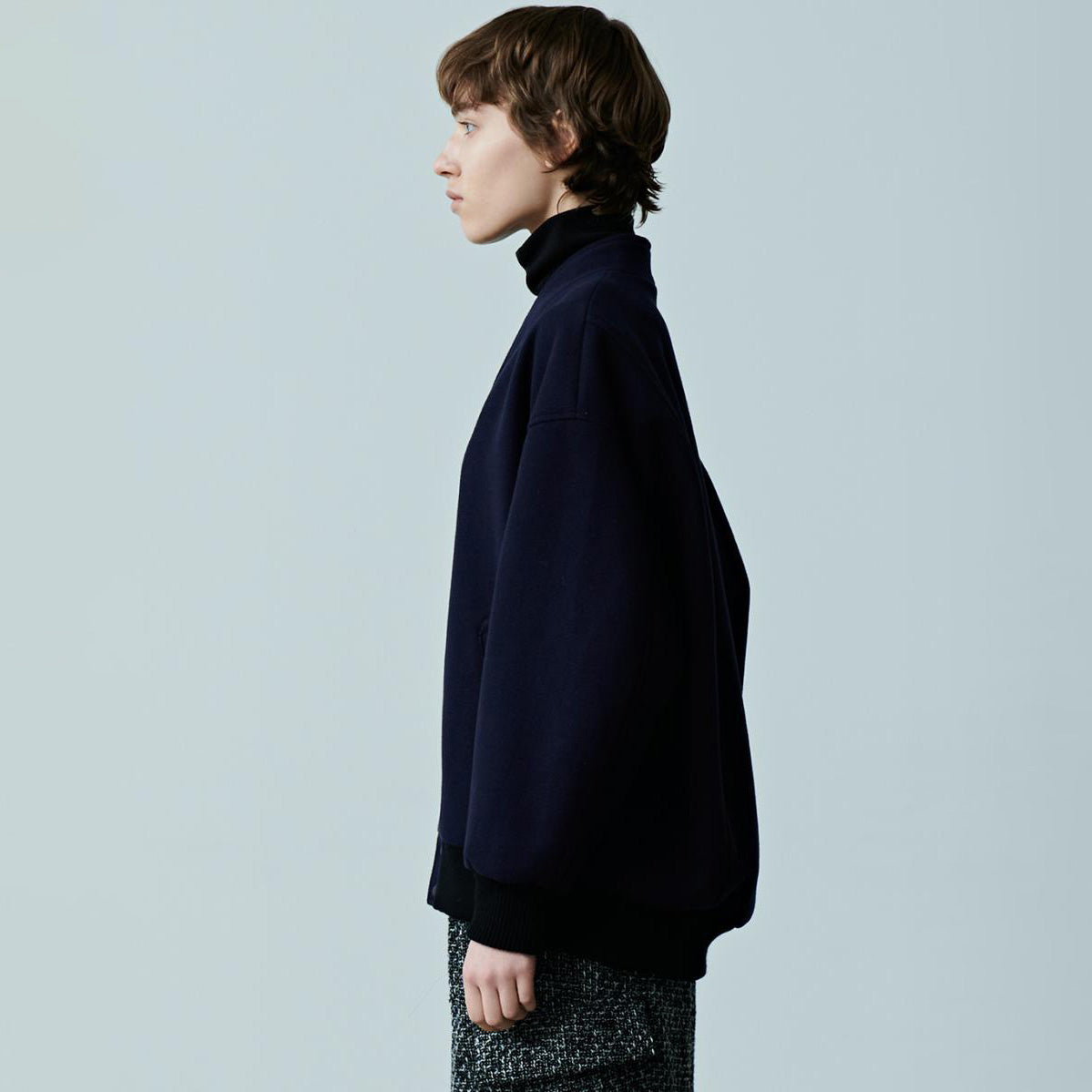 No:MIL23FJK3210 | COLLARLESS VARSITY JACKET | Navy/Ecru | KHA:KI