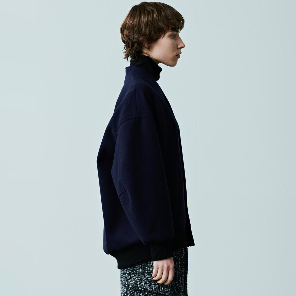 No:MIL23FJK3210 | COLLARLESS VARSITY JACKET | Navy/Ecru | KHA:KI