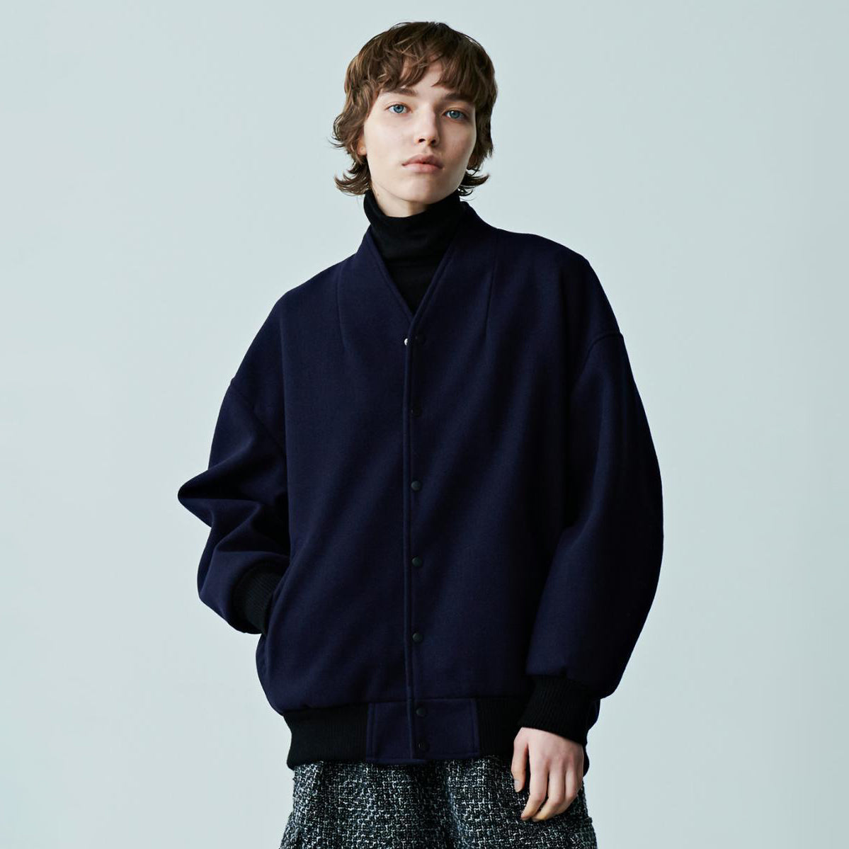 No:MIL23FJK3210 | COLLARLESS VARSITY JACKET | Navy/Ecru | KHA:KI