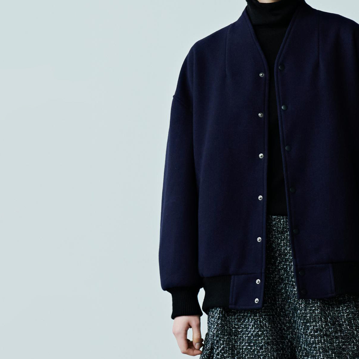 No:MIL23FJK3210 | COLLARLESS VARSITY JACKET | Navy/Ecru | KHA:KI