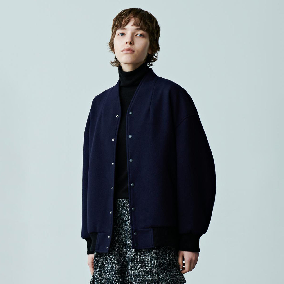 No:MIL23FJK3210 | COLLARLESS VARSITY JACKET | Navy/Ecru | KHA:KI