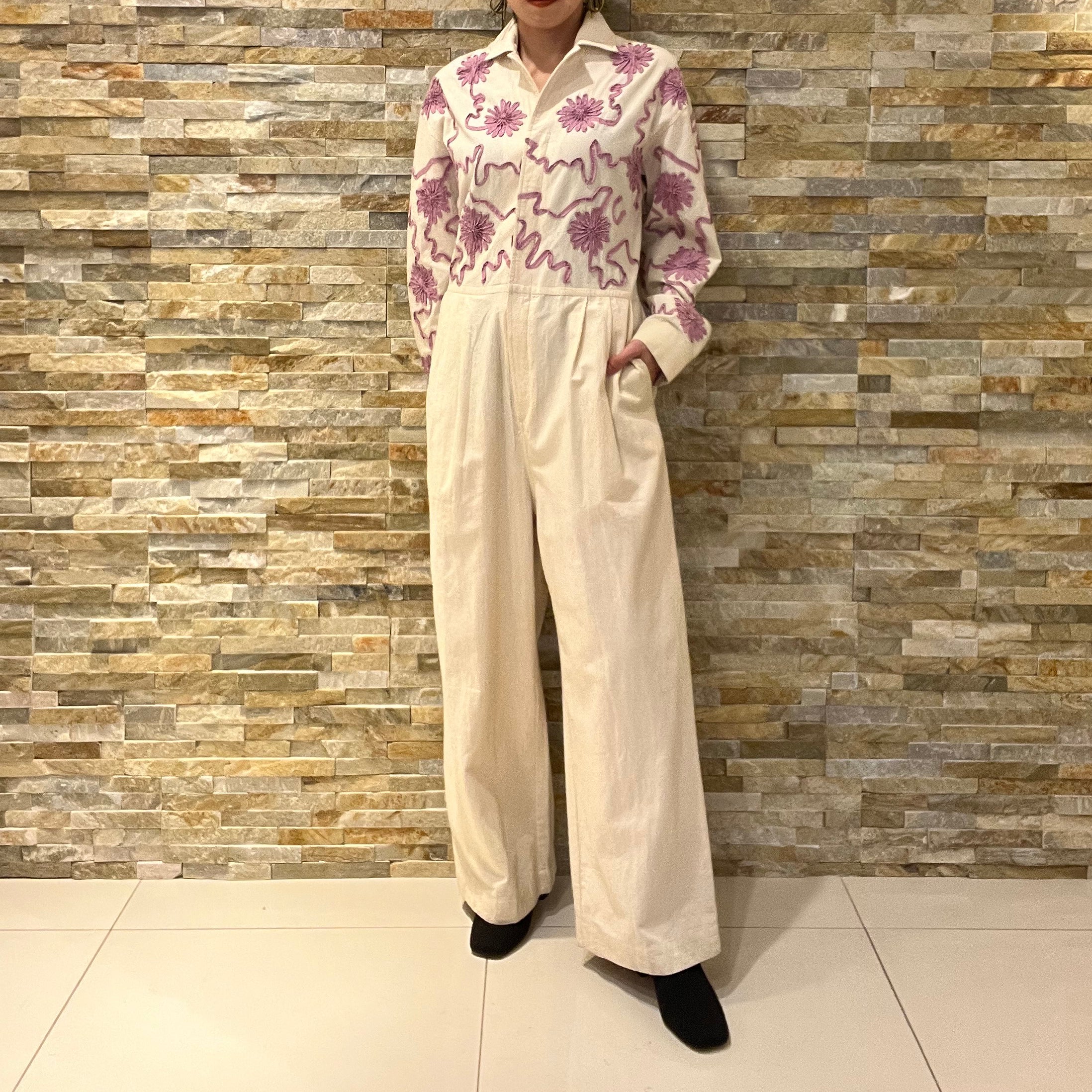 DEEPIKA TAPE EMB JUMPSUIT – Ecru | SARAMALLIKA