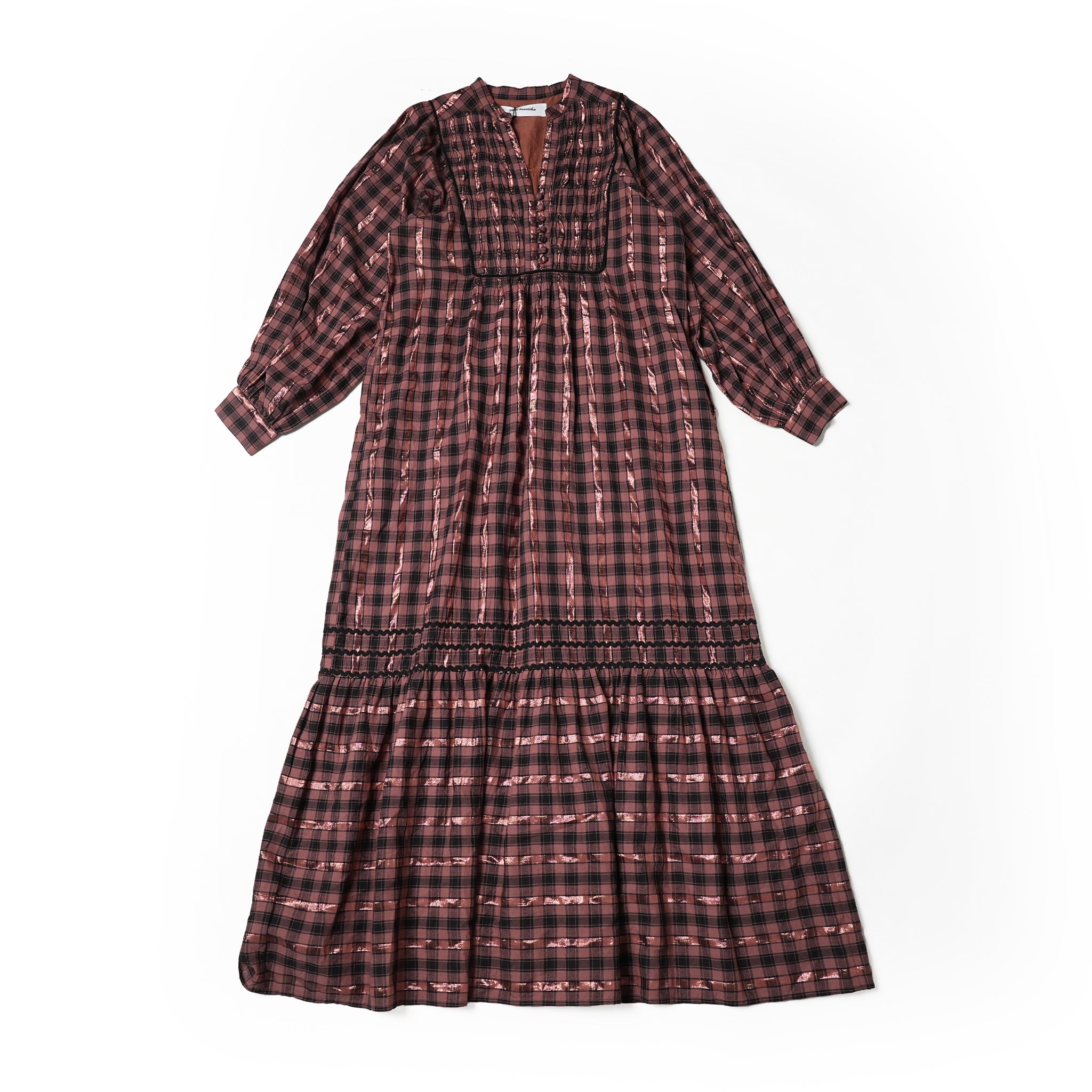 020442SR1 | COTTON CHECK SHIRRING LONG DRESS | Color:Brown【SARAMALLIKA_サラマリカ】【archive】