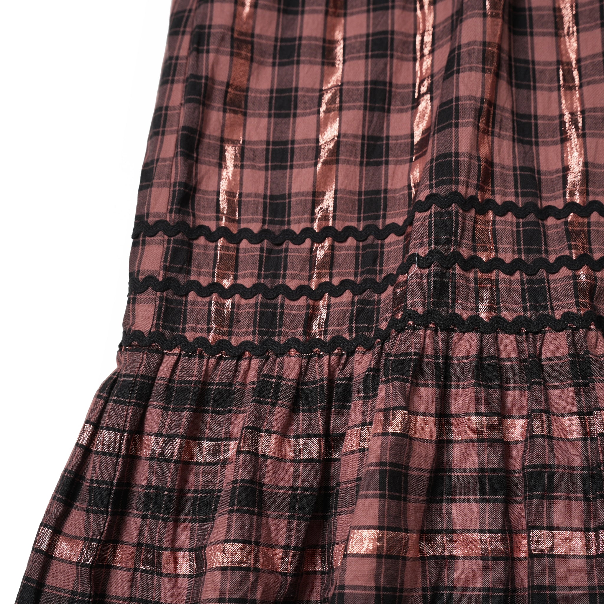 020442SR1 | COTTON CHECK SHIRRING LONG DRESS | Color:Brown【SARAMALLIKA_サラマリカ】【archive】