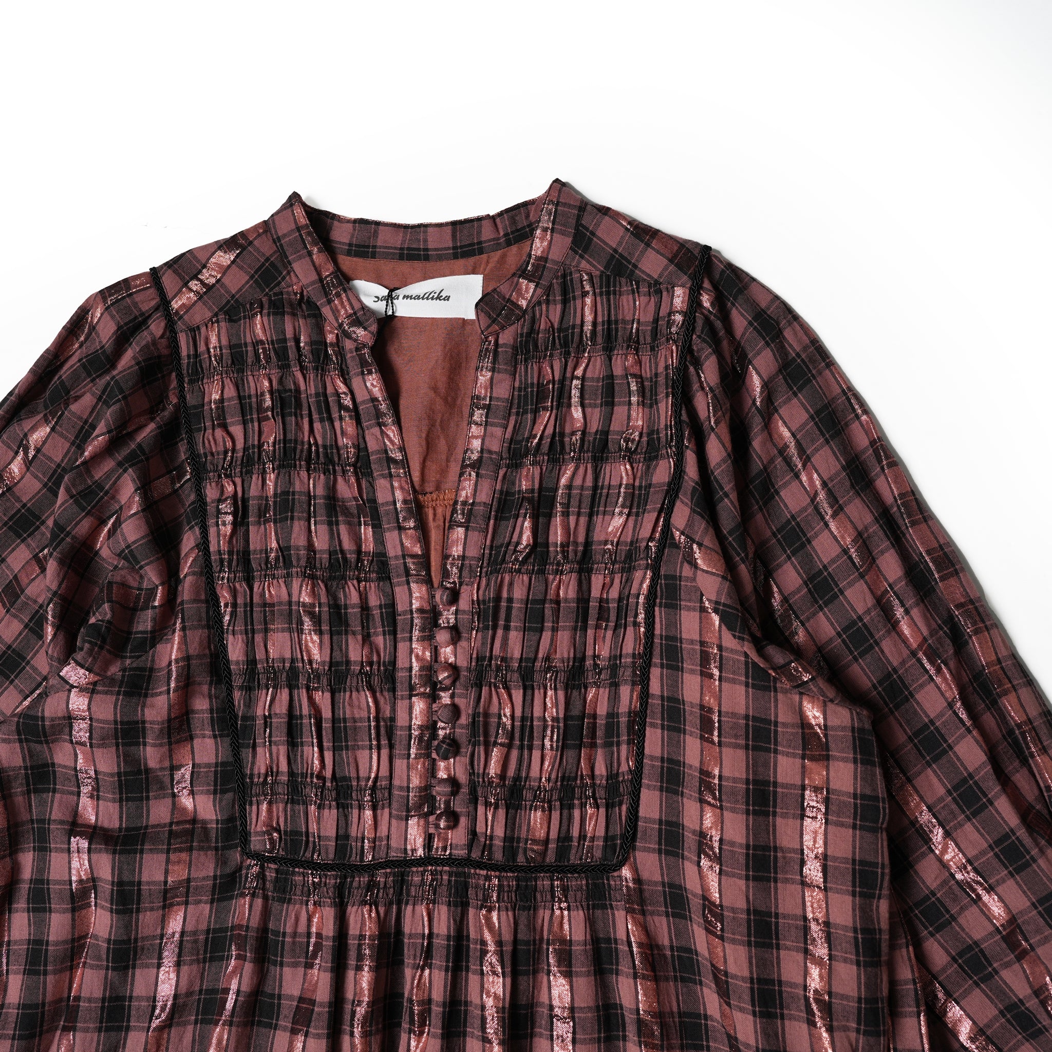 020442SR1 | COTTON CHECK SHIRRING LONG DRESS | Color:Brown【SARAMALLIKA_サラマリカ】【archive】