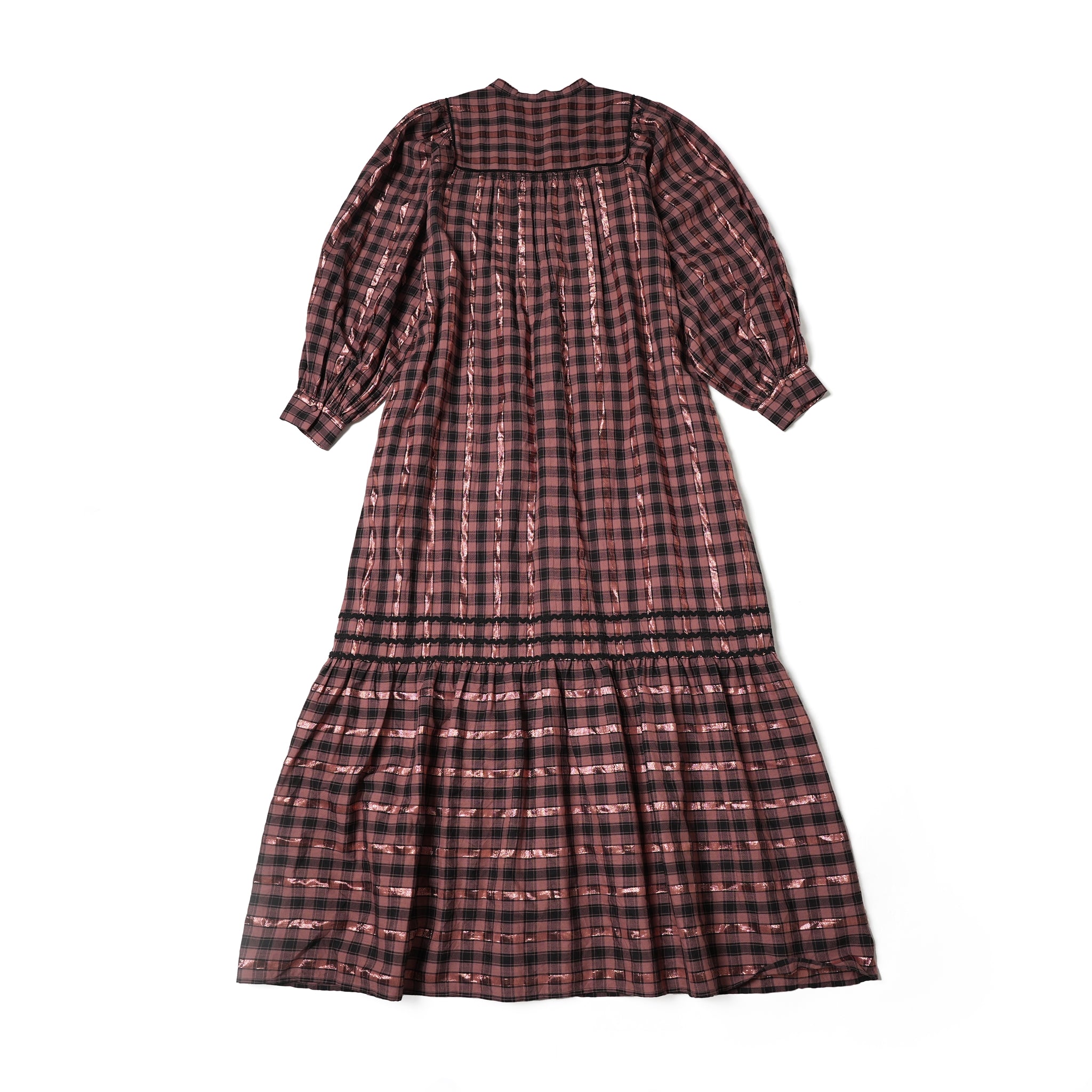 020442SR1 | COTTON CHECK SHIRRING LONG DRESS | Color:Brown【SARAMALLIKA_サラマリカ】【archive】