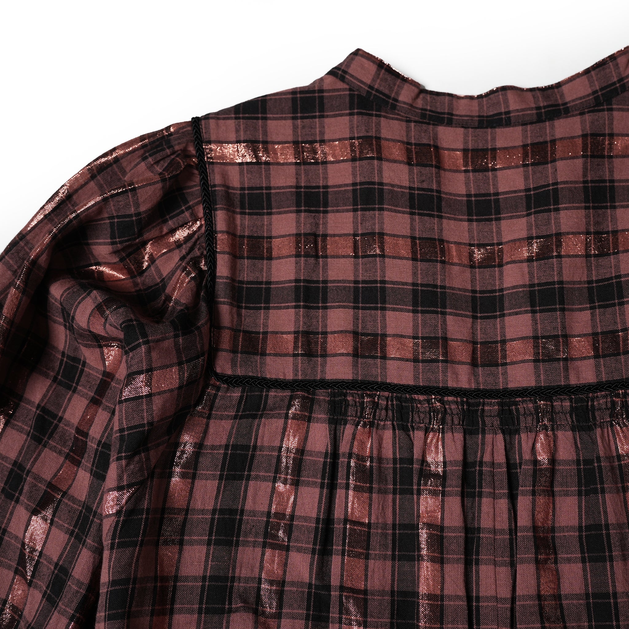 020442SR1 | COTTON CHECK SHIRRING LONG DRESS | Color:Brown【SARAMALLIKA_サラマリカ】【archive】