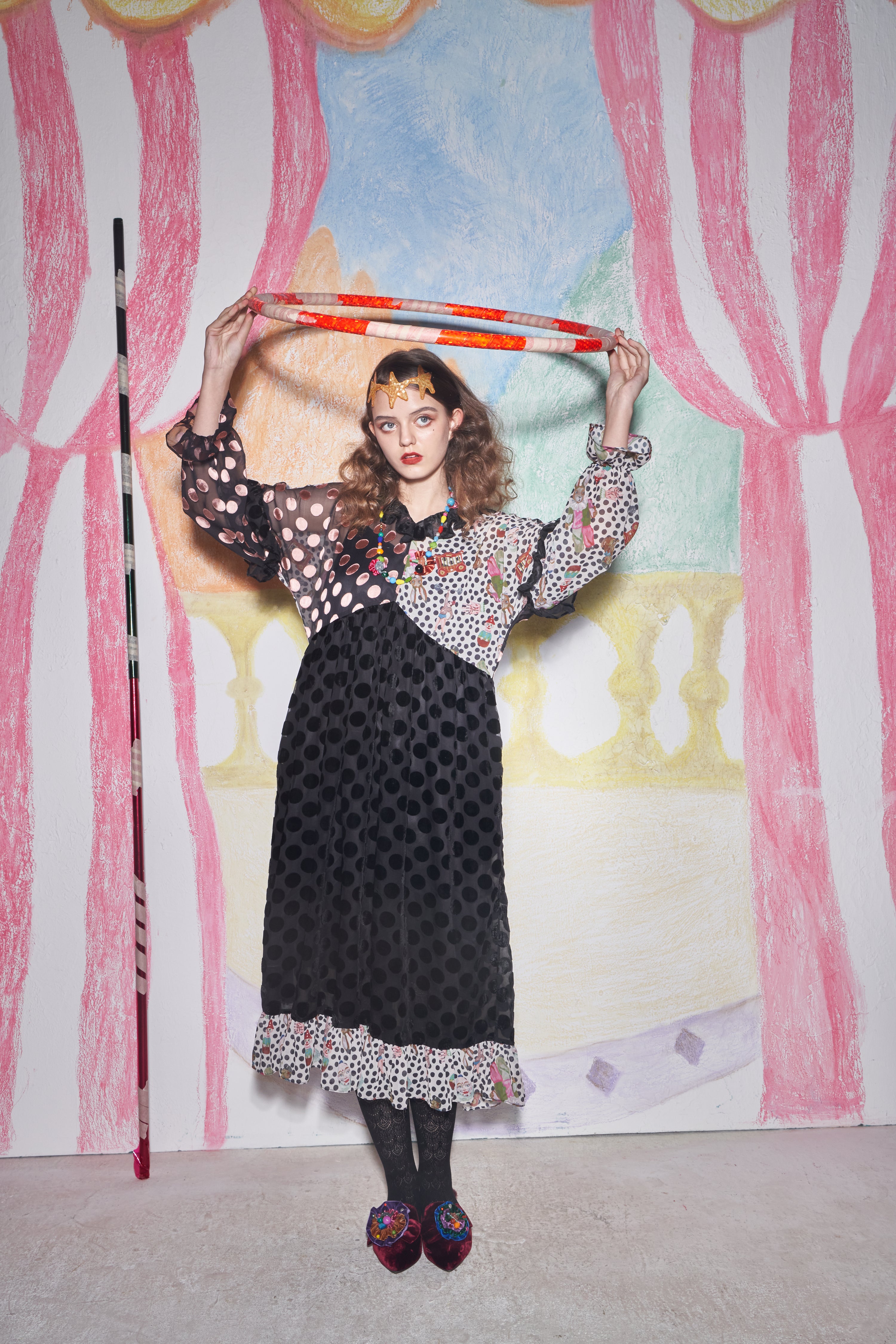 No:UP2020AW1119 | Name:Retro Ruff Collar Stitching polka Dot Illustration print Dress | Color:Black Multi | 【UNLOGOCAL POEM】-UNLOGICAL POEM-ADDICTION FUKUOKA