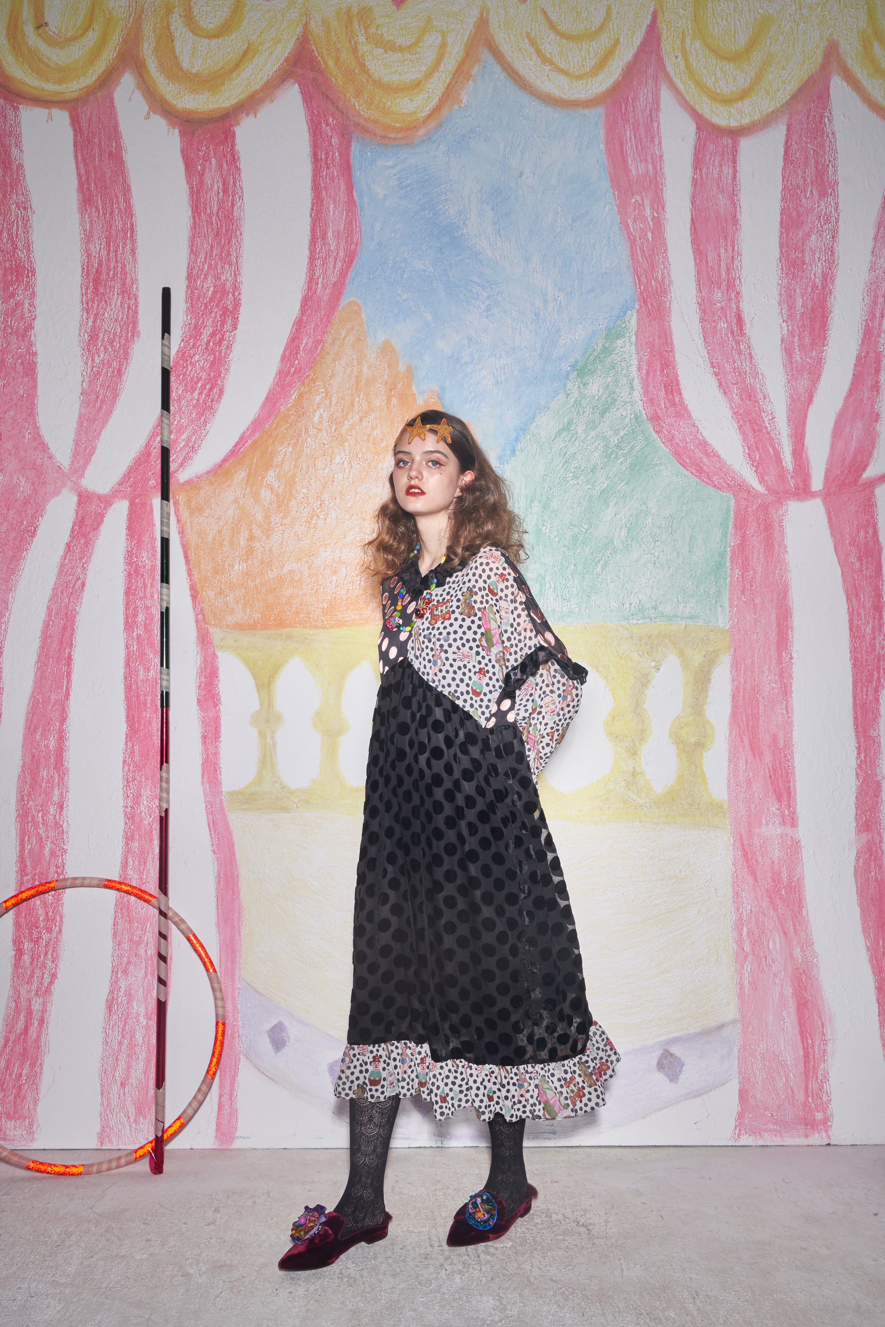 No:UP2020AW1119 | Name:Retro Ruff Collar Stitching polka Dot Illustration print Dress | Color:Black Multi | 【UNLOGOCAL POEM】-UNLOGICAL POEM-ADDICTION FUKUOKA