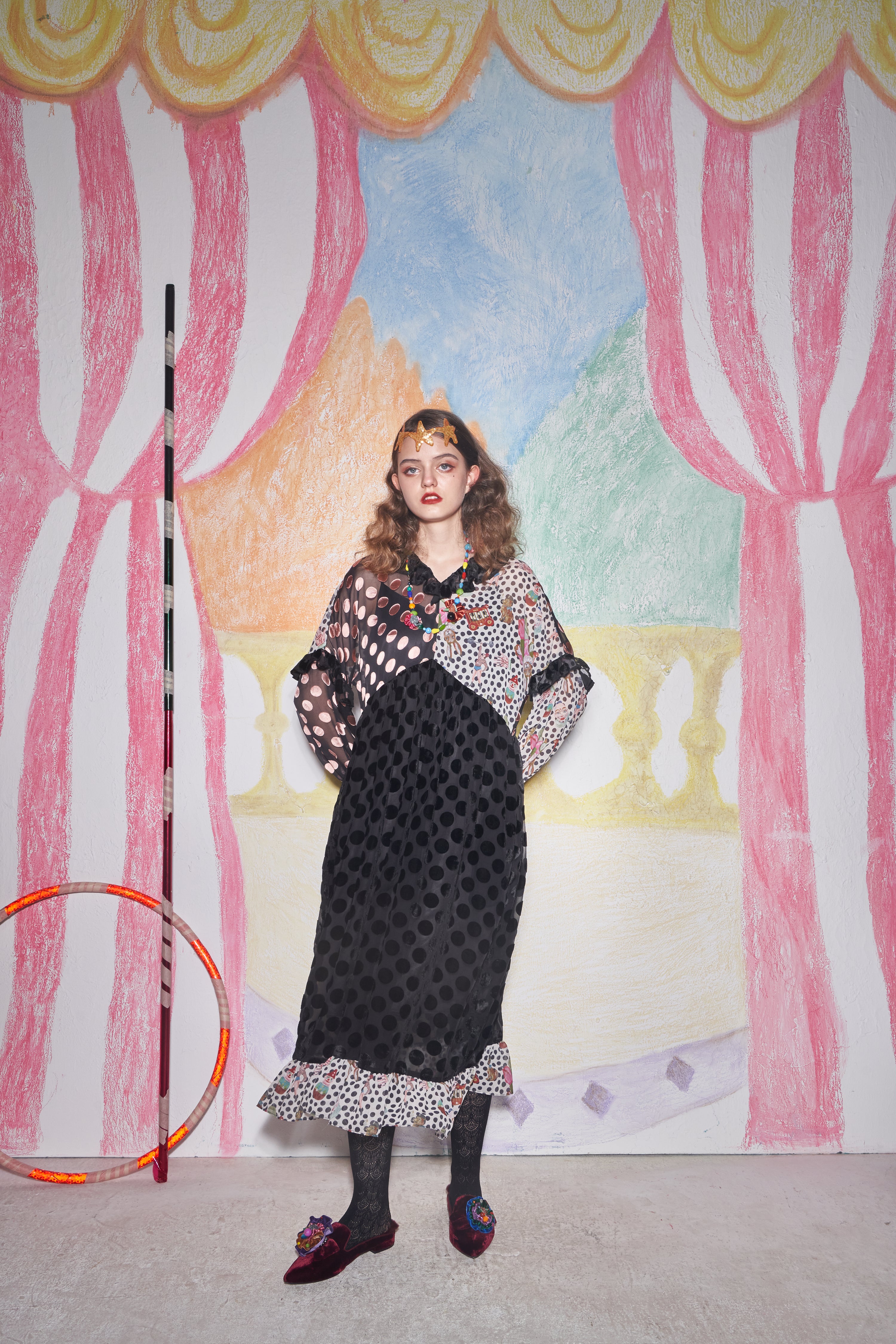No:UP2020AW1119 | Name:Retro Ruff Collar Stitching polka Dot Illustration print Dress | Color:Black Multi | 【UNLOGOCAL POEM】-UNLOGICAL POEM-ADDICTION FUKUOKA