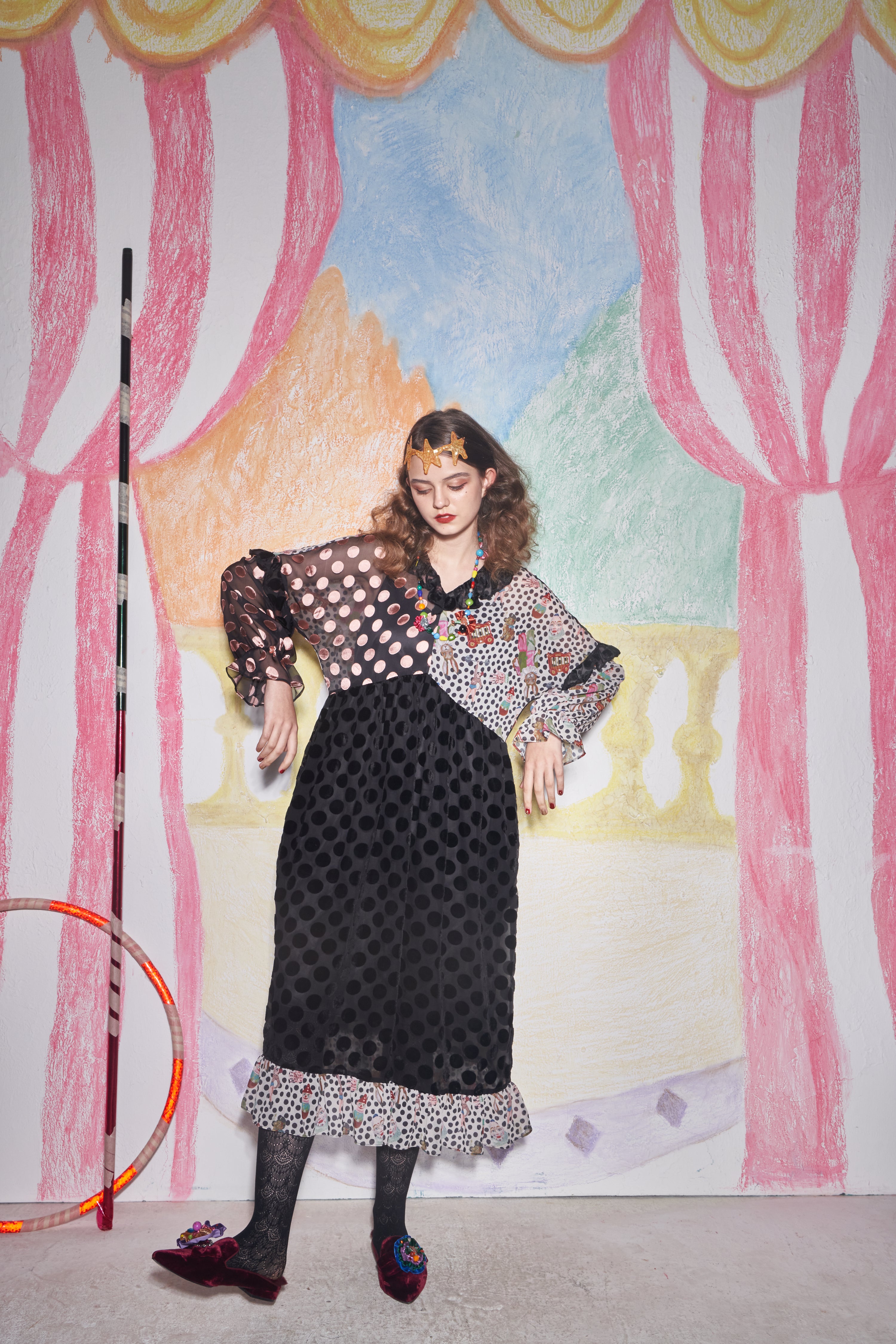 No:UP2020AW1119 | Name:Retro Ruff Collar Stitching polka Dot Illustration print Dress | Color:Black Multi | 【UNLOGOCAL POEM】-UNLOGICAL POEM-ADDICTION FUKUOKA