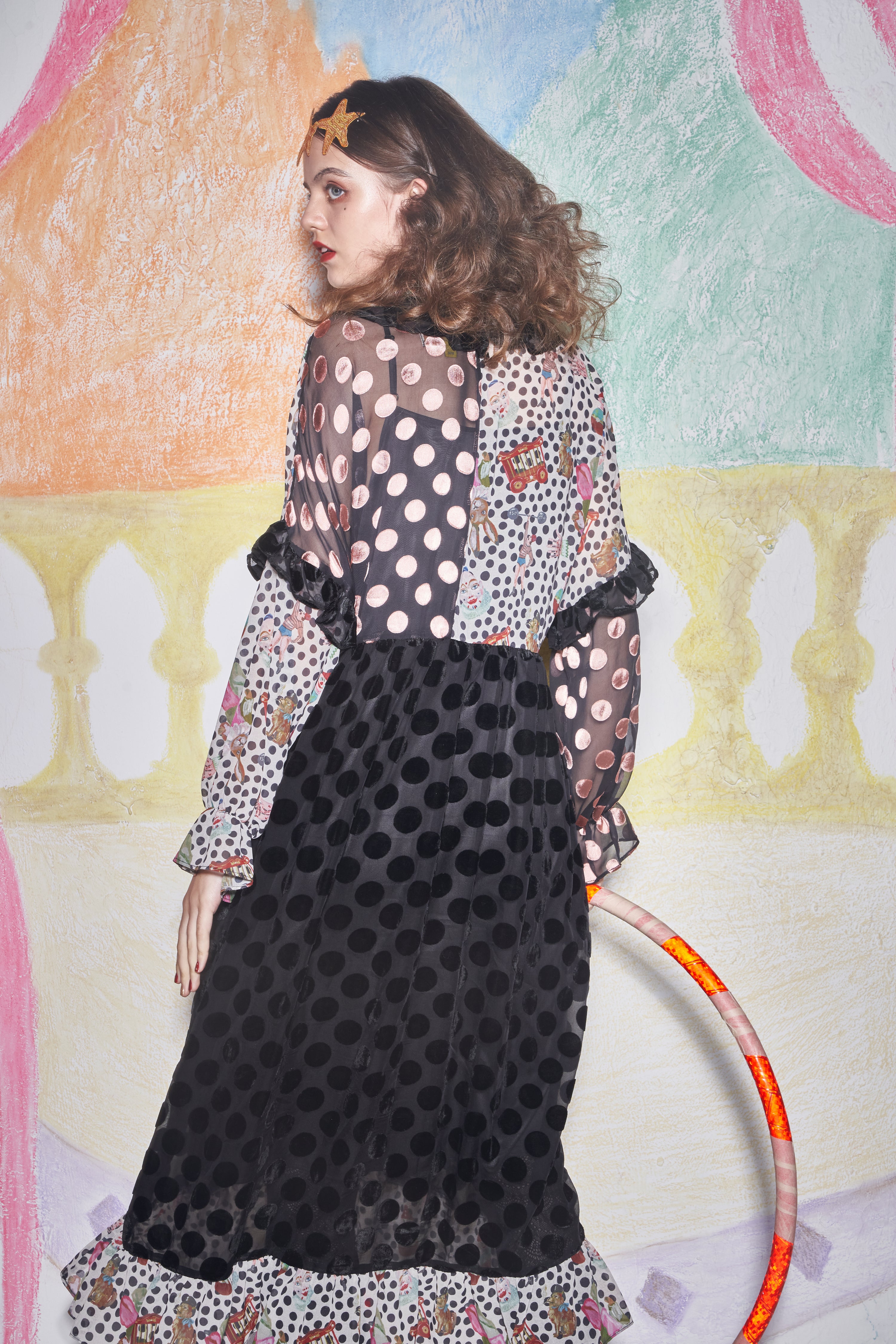 No:UP2020AW1119 | Name:Retro Ruff Collar Stitching polka Dot Illustration print Dress | Color:Black Multi | 【UNLOGOCAL POEM】-UNLOGICAL POEM-ADDICTION FUKUOKA