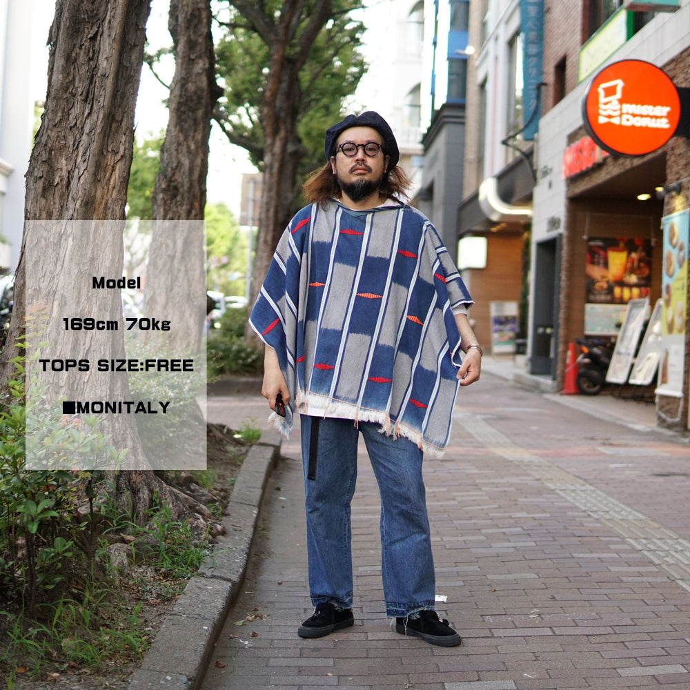 No:M29501 | Name:Poncho | Color:Handwoven African Indigo Cloth, Stripe (One of a Kind) 【MONITALY】-MONITALY-ADDICTION FUKUOKA