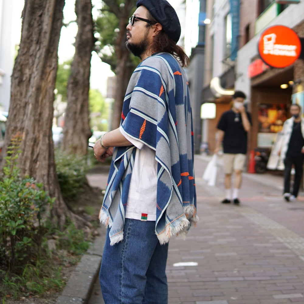 No:M29501 | Name:Poncho | Color:Handwoven African Indigo Cloth, Stripe (One of a Kind) 【MONITALY】-MONITALY-ADDICTION FUKUOKA