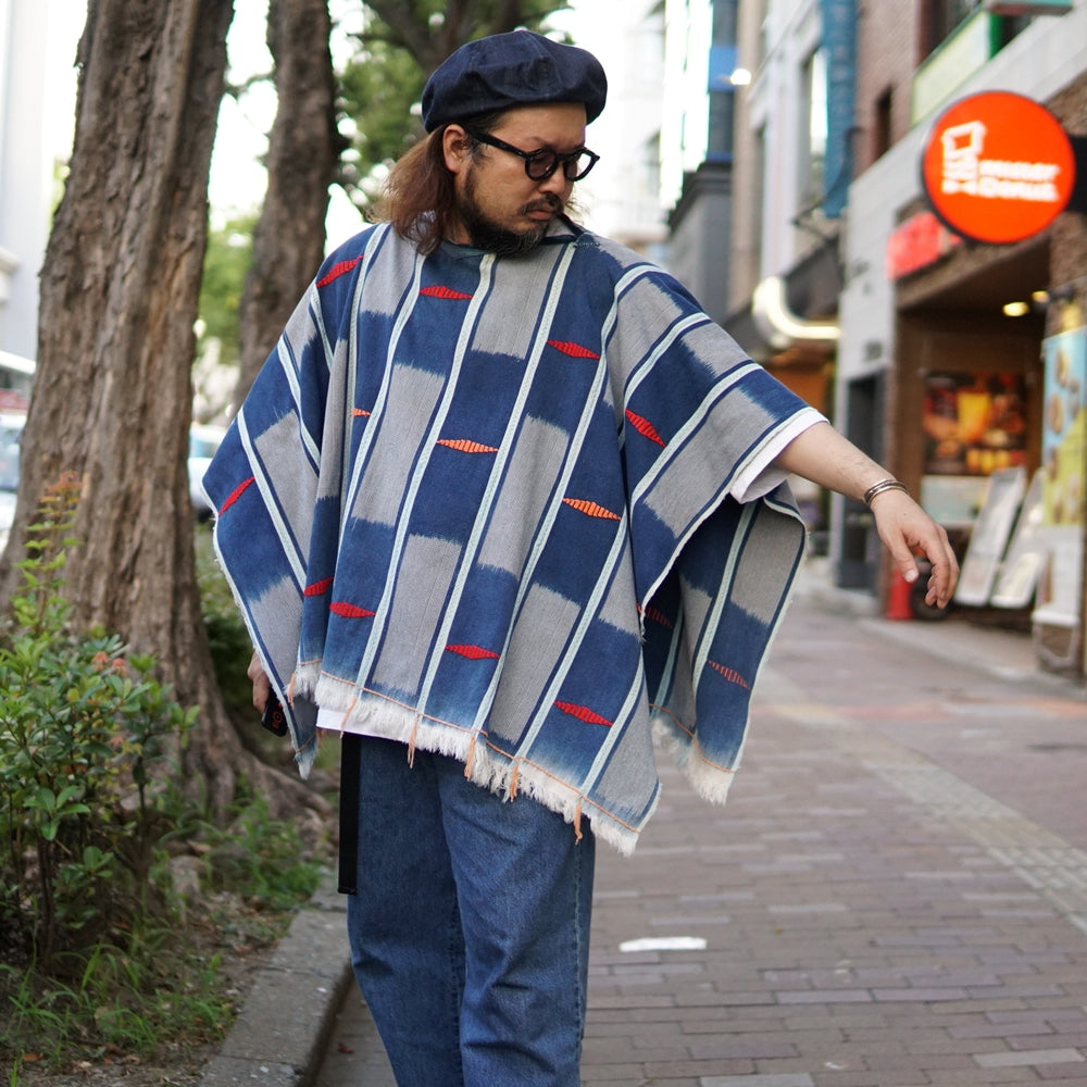 No:M29501 | Name:Poncho | Color:Handwoven African Indigo Cloth, Stripe (One of a Kind) 【MONITALY】-MONITALY-ADDICTION FUKUOKA