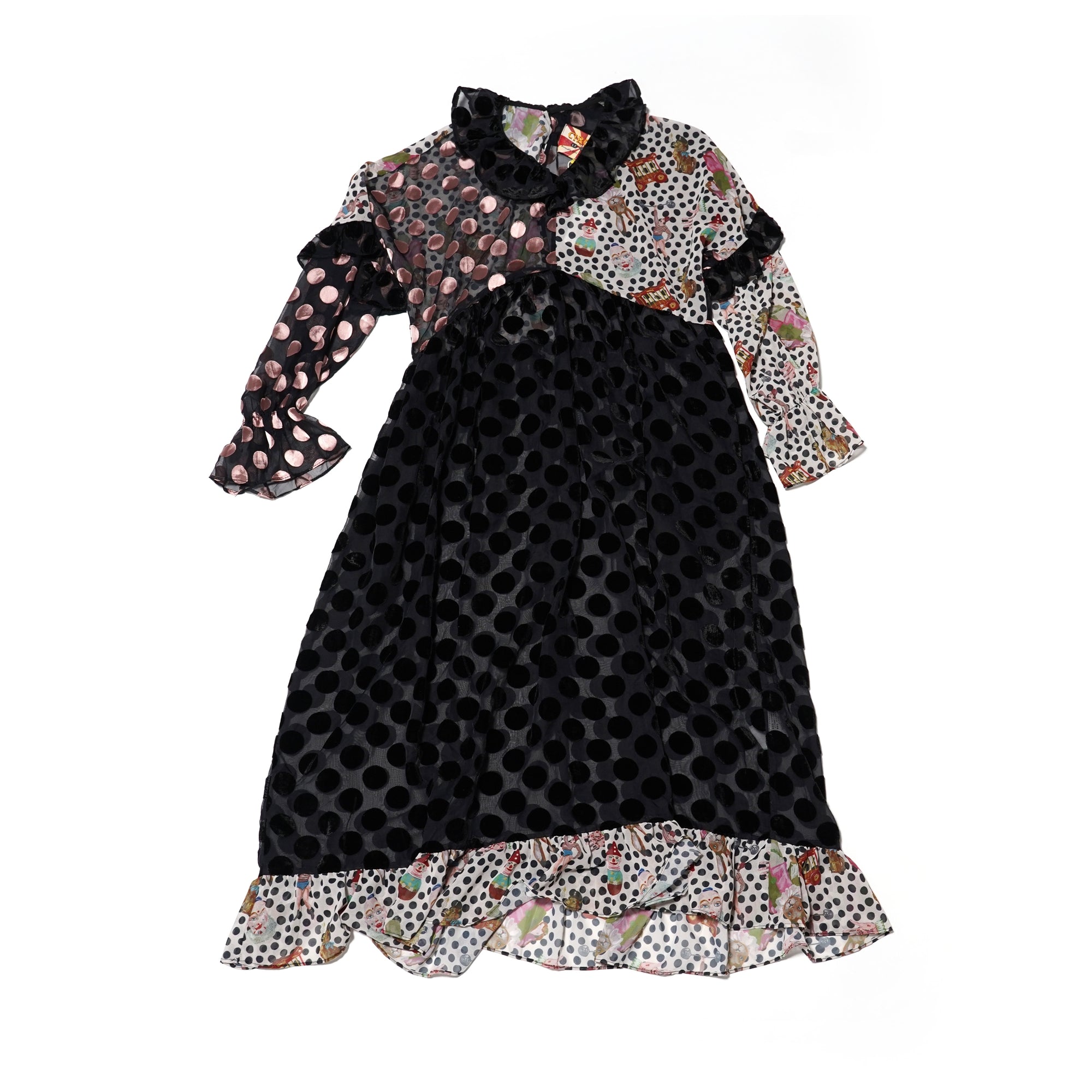 No:UP2020AW1119 | Name:Retro Ruff Collar Stitching polka Dot Illustration print Dress | Color:Black Multi | 【UNLOGOCAL POEM】-UNLOGICAL POEM-ADDICTION FUKUOKA