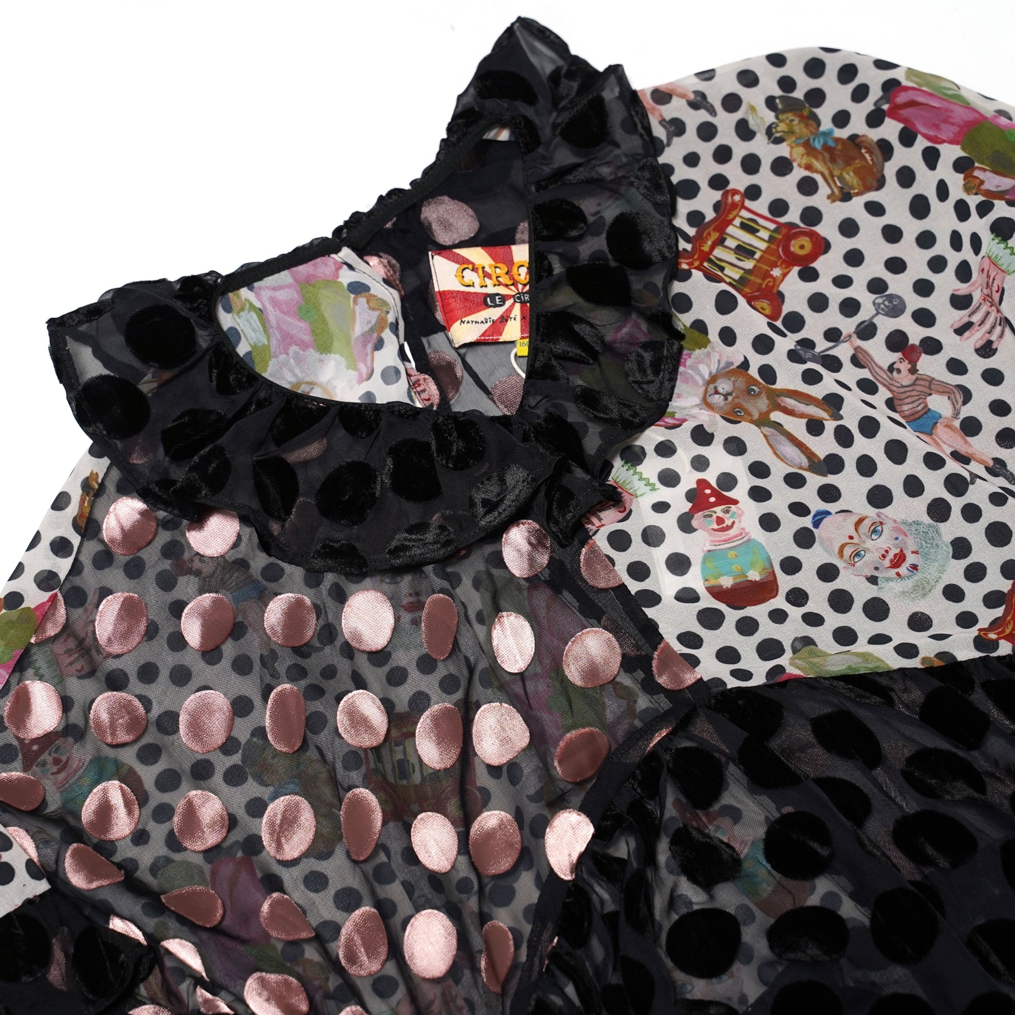 No:UP2020AW1119 | Name:Retro Ruff Collar Stitching polka Dot Illustration print Dress | Color:Black Multi | 【UNLOGOCAL POEM】-UNLOGICAL POEM-ADDICTION FUKUOKA