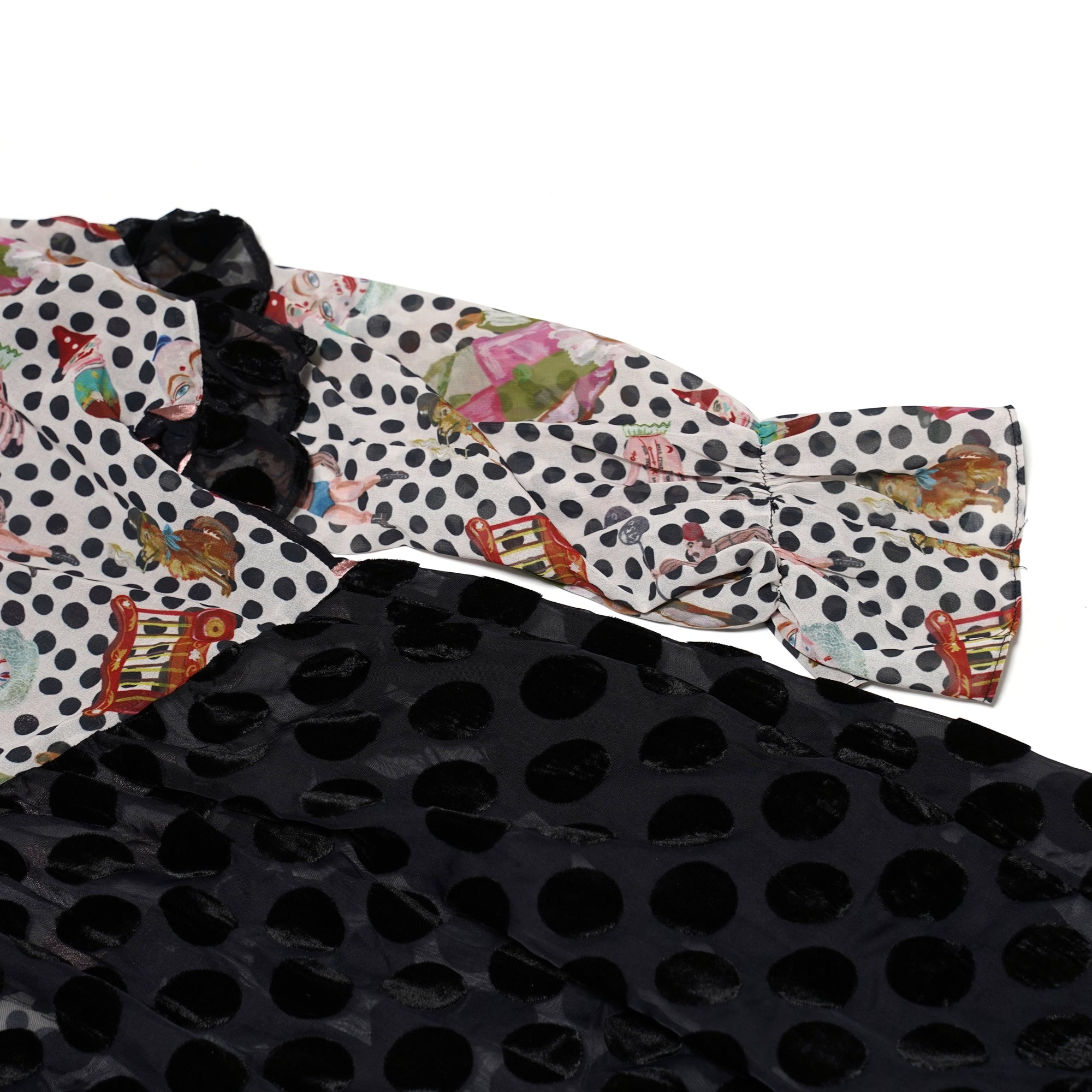 No:UP2020AW1119 | Name:Retro Ruff Collar Stitching polka Dot Illustration print Dress | Color:Black Multi | 【UNLOGOCAL POEM】-UNLOGICAL POEM-ADDICTION FUKUOKA