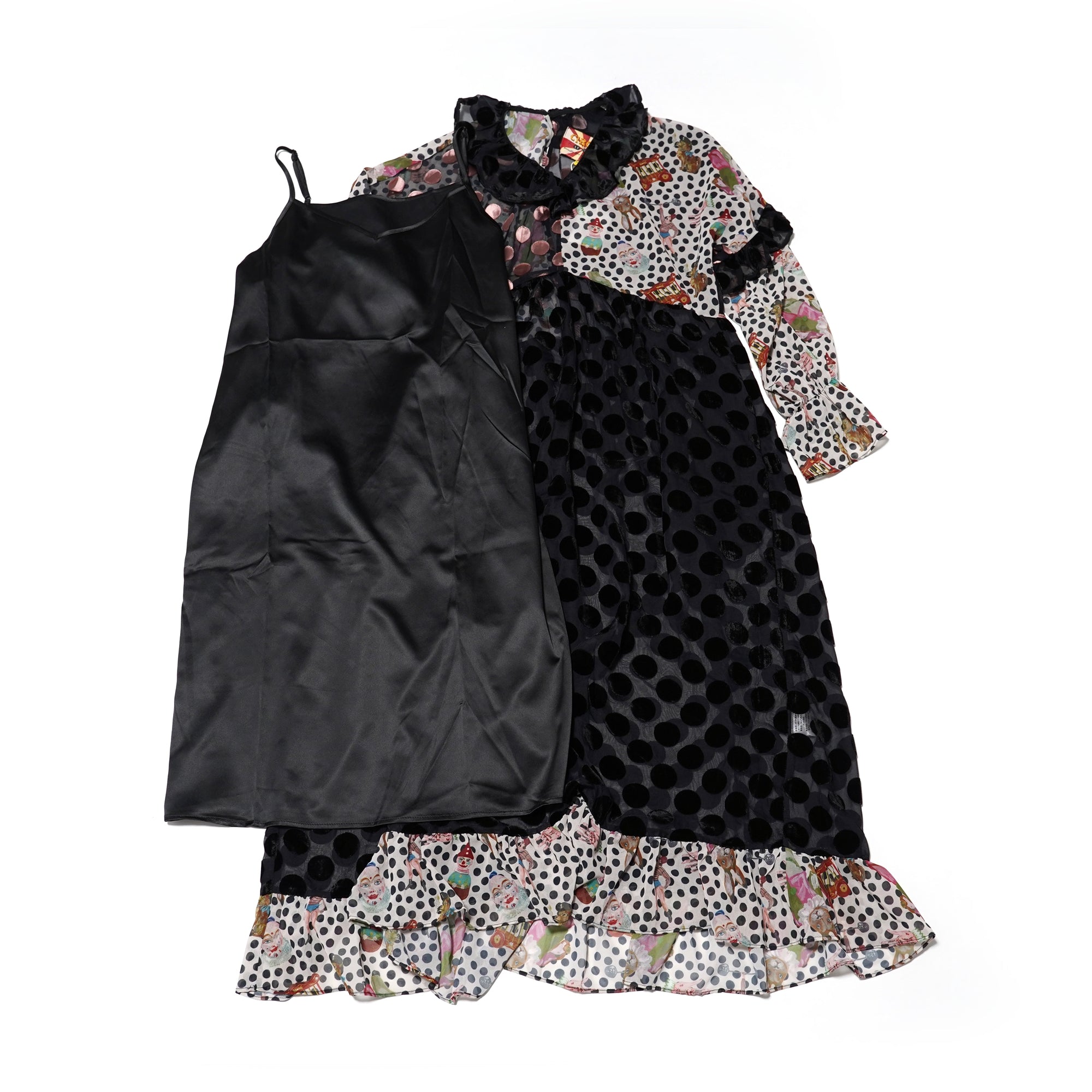No:UP2020AW1119 | Name:Retro Ruff Collar Stitching polka Dot Illustration print Dress | Color:Black Multi | 【UNLOGOCAL POEM】-UNLOGICAL POEM-ADDICTION FUKUOKA
