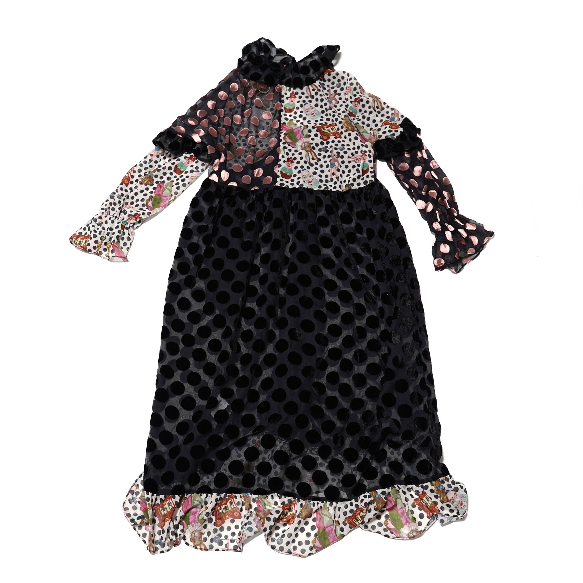 No:UP2020AW1119 | Name:Retro Ruff Collar Stitching polka Dot Illustration print Dress | Color:Black Multi | 【UNLOGOCAL POEM】-UNLOGICAL POEM-ADDICTION FUKUOKA