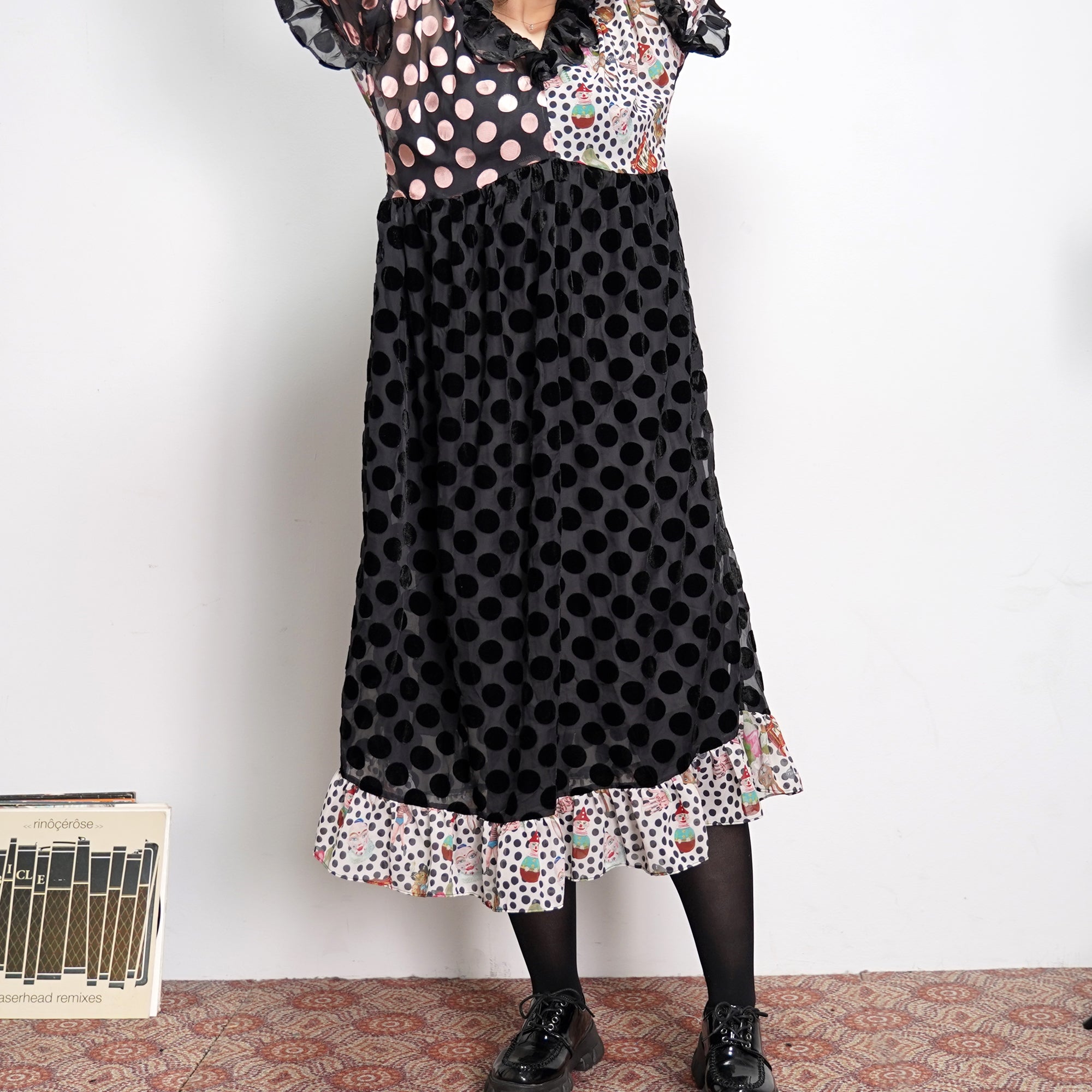 No:UP2020AW1119 | Name:Retro Ruff Collar Stitching polka Dot Illustration print Dress | Color:Black Multi | 【UNLOGOCAL POEM】-UNLOGICAL POEM-ADDICTION FUKUOKA
