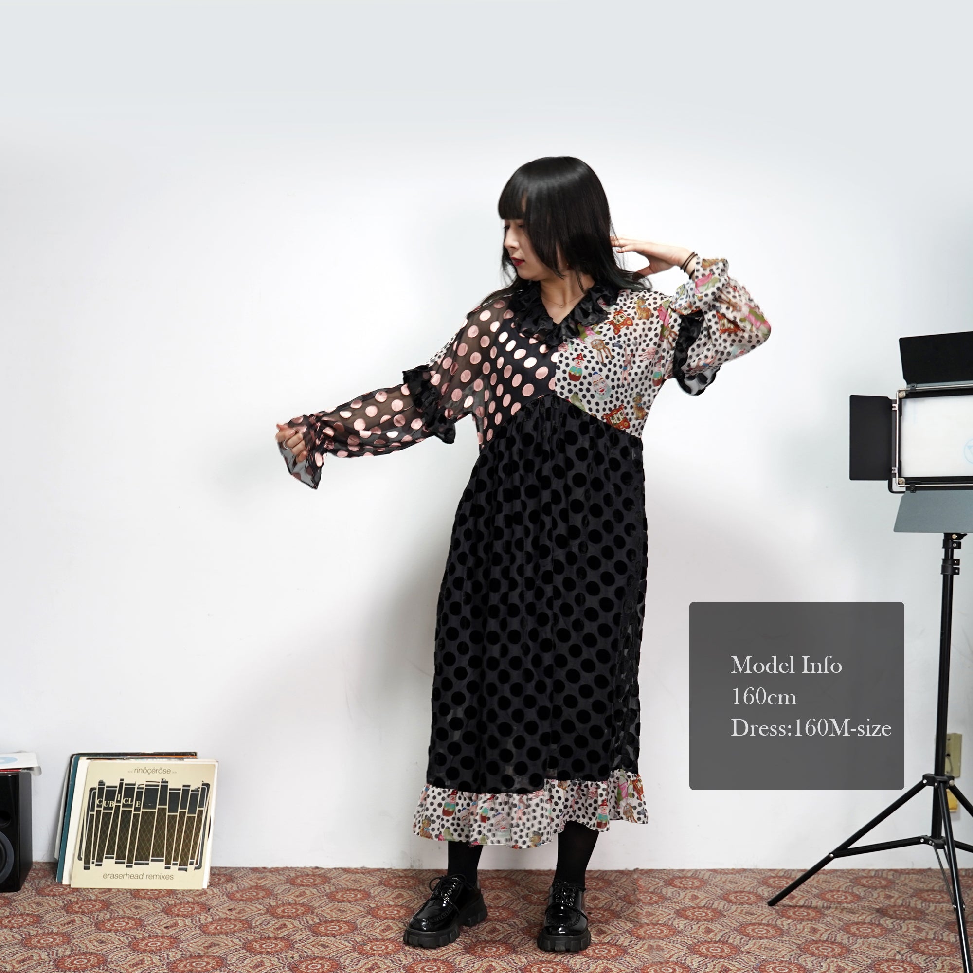 No:UP2020AW1119 | Name:Retro Ruff Collar Stitching polka Dot Illustration print Dress | Color:Black Multi | 【UNLOGOCAL POEM】-UNLOGICAL POEM-ADDICTION FUKUOKA