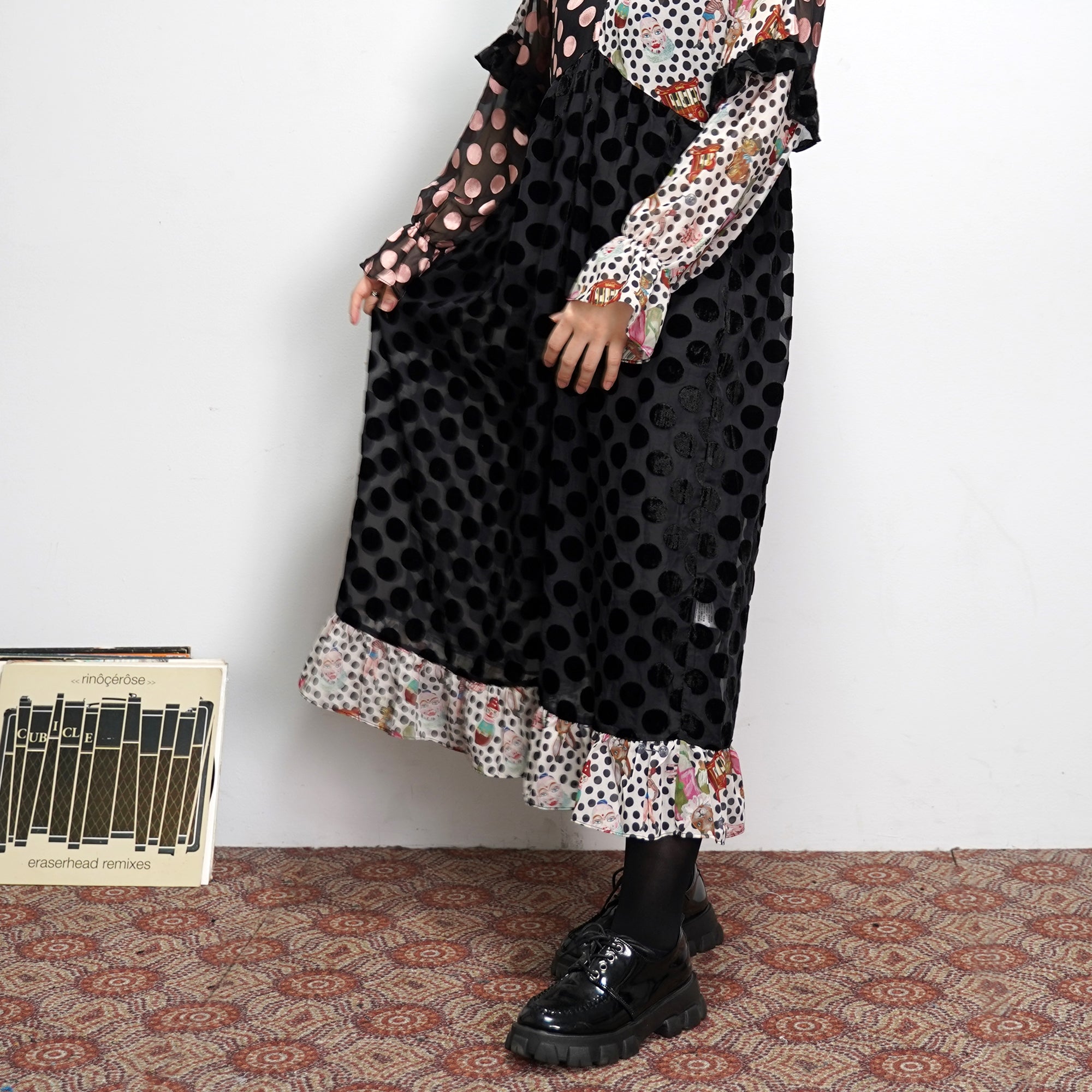 No:UP2020AW1119 | Name:Retro Ruff Collar Stitching polka Dot Illustration print Dress | Color:Black Multi | 【UNLOGOCAL POEM】-UNLOGICAL POEM-ADDICTION FUKUOKA