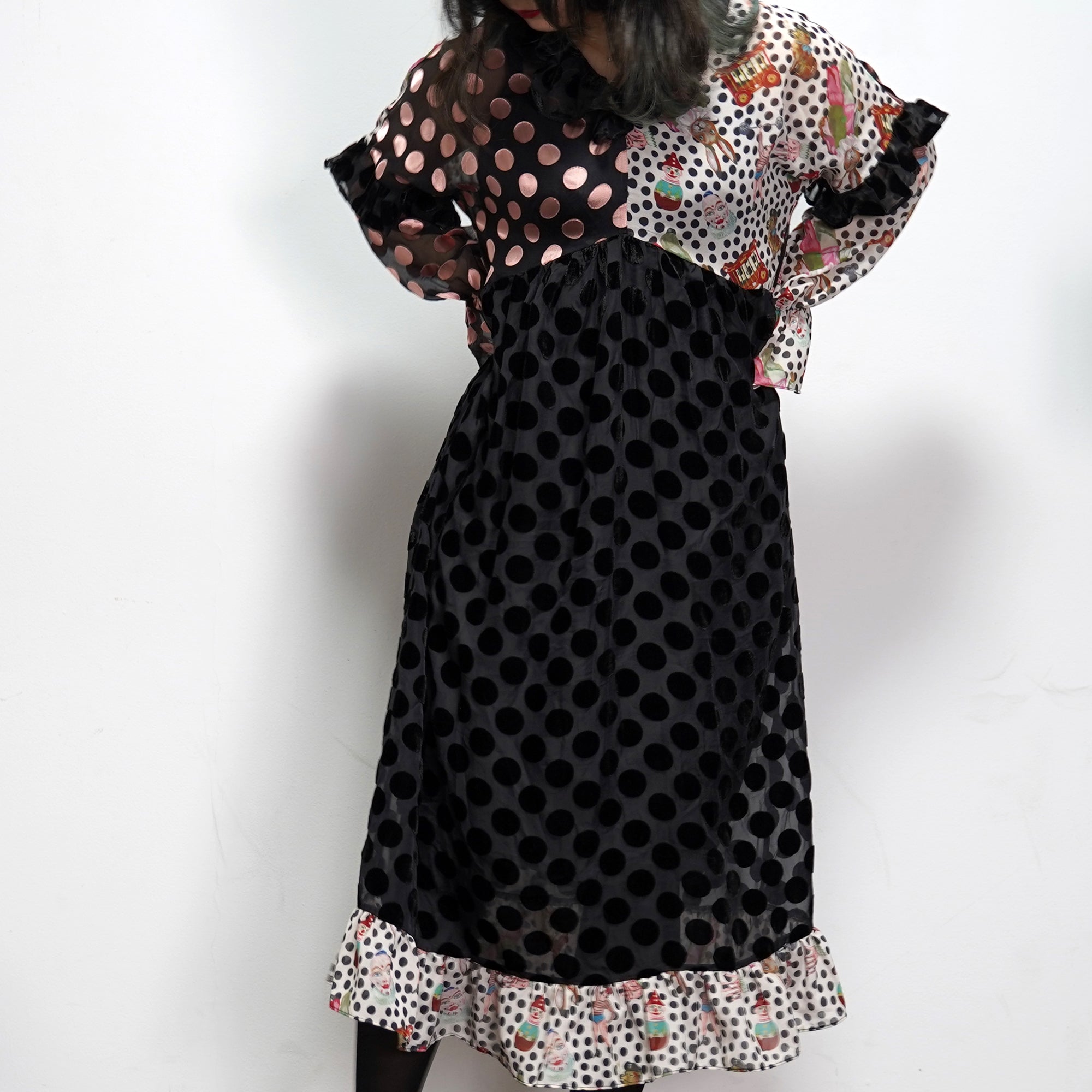 No:UP2020AW1119 | Name:Retro Ruff Collar Stitching polka Dot Illustration print Dress | Color:Black Multi | 【UNLOGOCAL POEM】-UNLOGICAL POEM-ADDICTION FUKUOKA