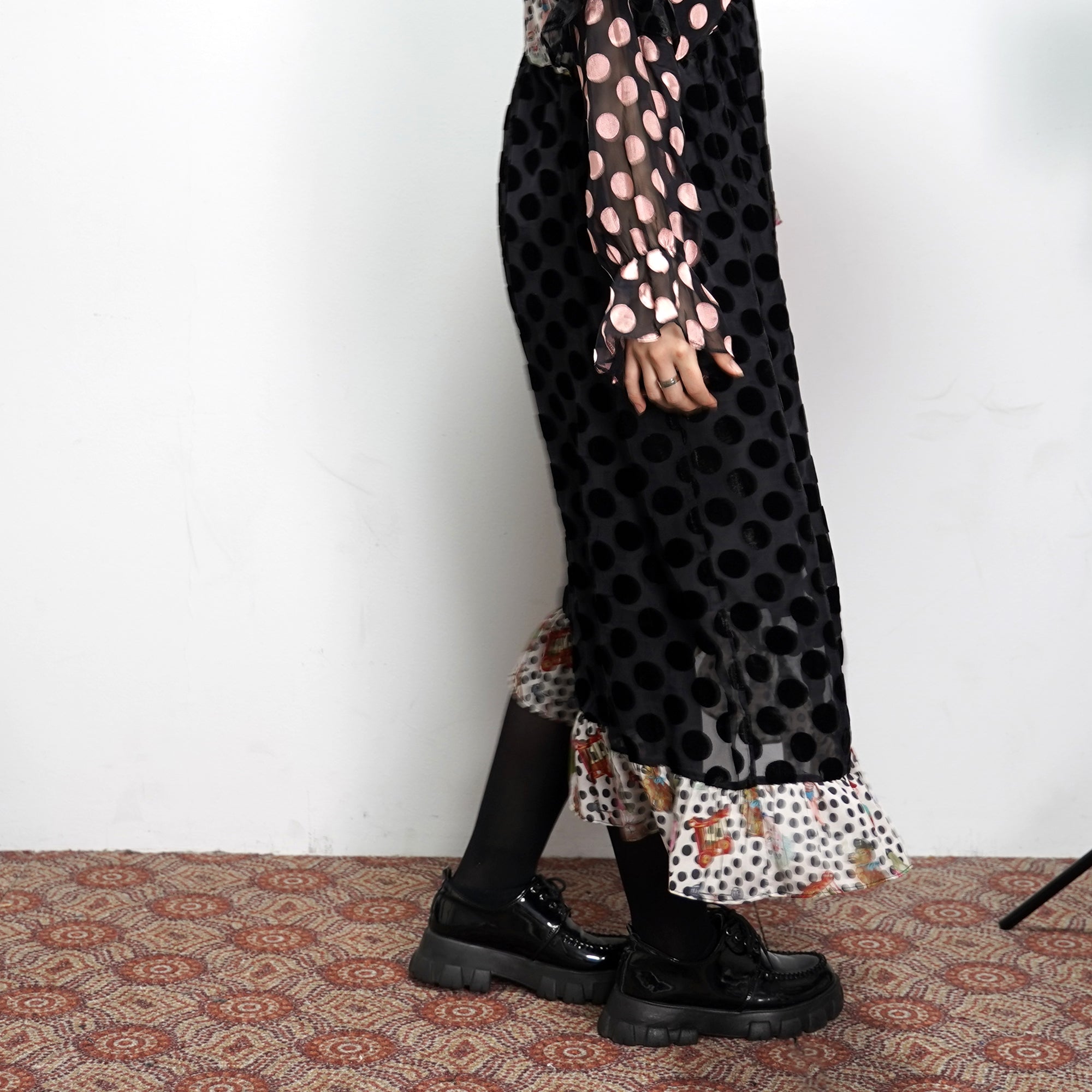 No:UP2020AW1119 | Name:Retro Ruff Collar Stitching polka Dot Illustration print Dress | Color:Black Multi | 【UNLOGOCAL POEM】-UNLOGICAL POEM-ADDICTION FUKUOKA
