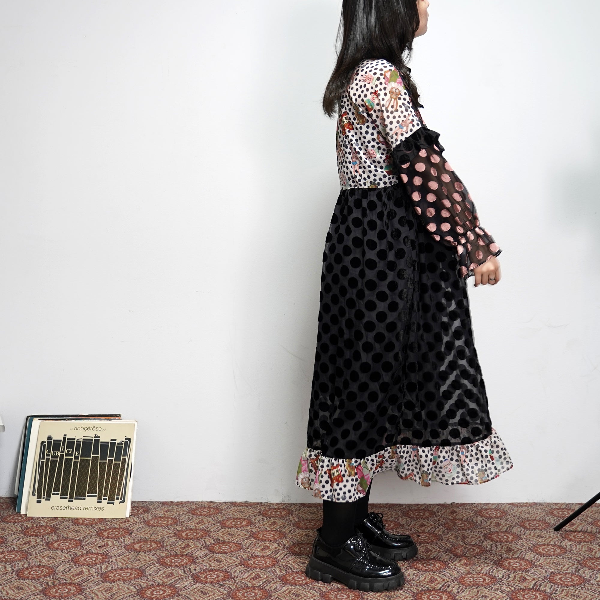 No:UP2020AW1119 | Name:Retro Ruff Collar Stitching polka Dot Illustration print Dress | Color:Black Multi | 【UNLOGOCAL POEM】-UNLOGICAL POEM-ADDICTION FUKUOKA