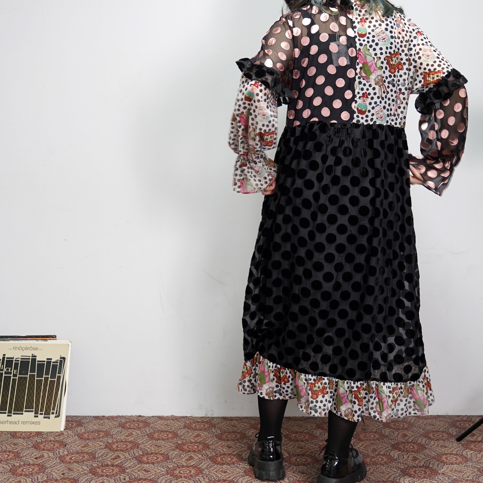 No:UP2020AW1119 | Name:Retro Ruff Collar Stitching polka Dot Illustration print Dress | Color:Black Multi | 【UNLOGOCAL POEM】-UNLOGICAL POEM-ADDICTION FUKUOKA