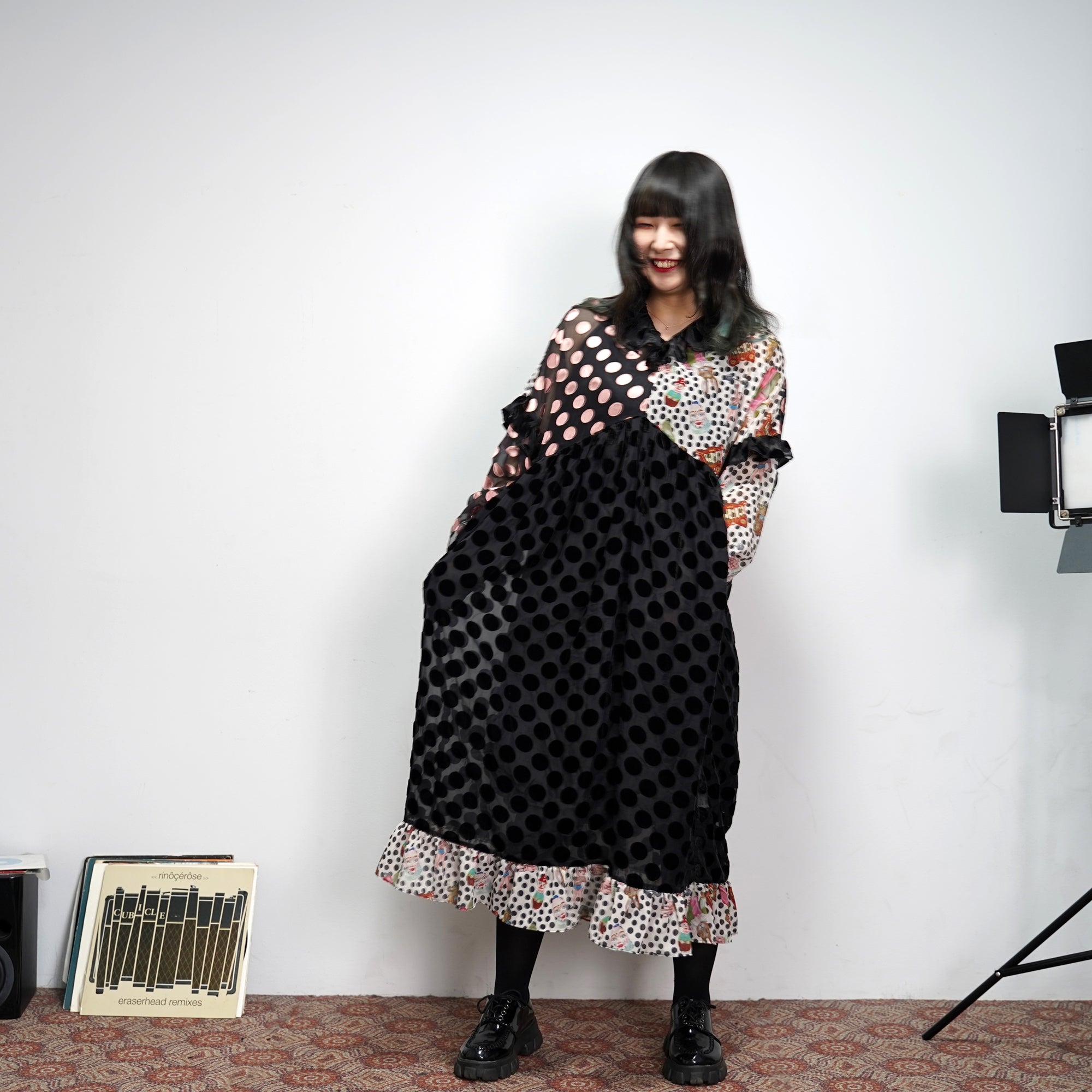 No:UP2020AW1119 | Name:Retro Ruff Collar Stitching polka Dot Illustration print Dress | Color:Black Multi | 【UNLOGOCAL POEM】-UNLOGICAL POEM-ADDICTION FUKUOKA