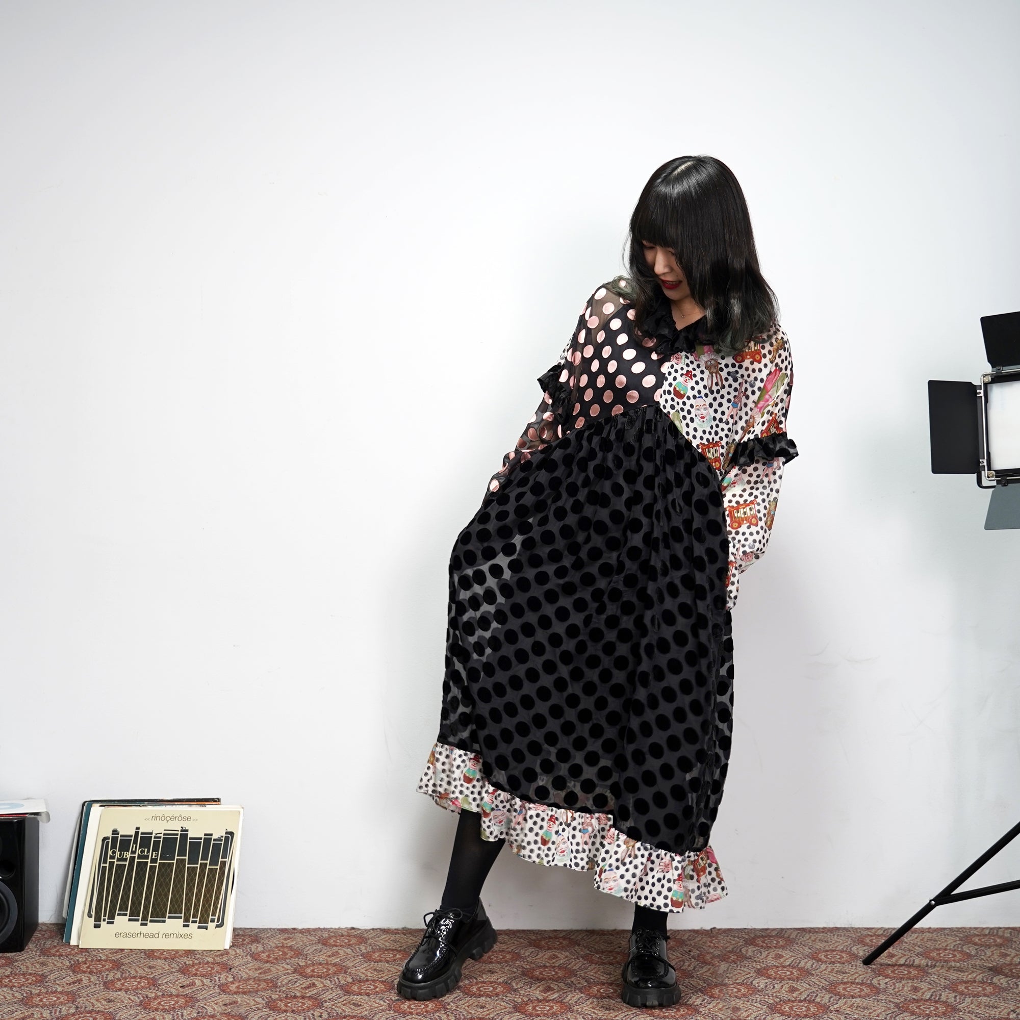 No:UP2020AW1119 | Name:Retro Ruff Collar Stitching polka Dot Illustration print Dress | Color:Black Multi | 【UNLOGOCAL POEM】-UNLOGICAL POEM-ADDICTION FUKUOKA