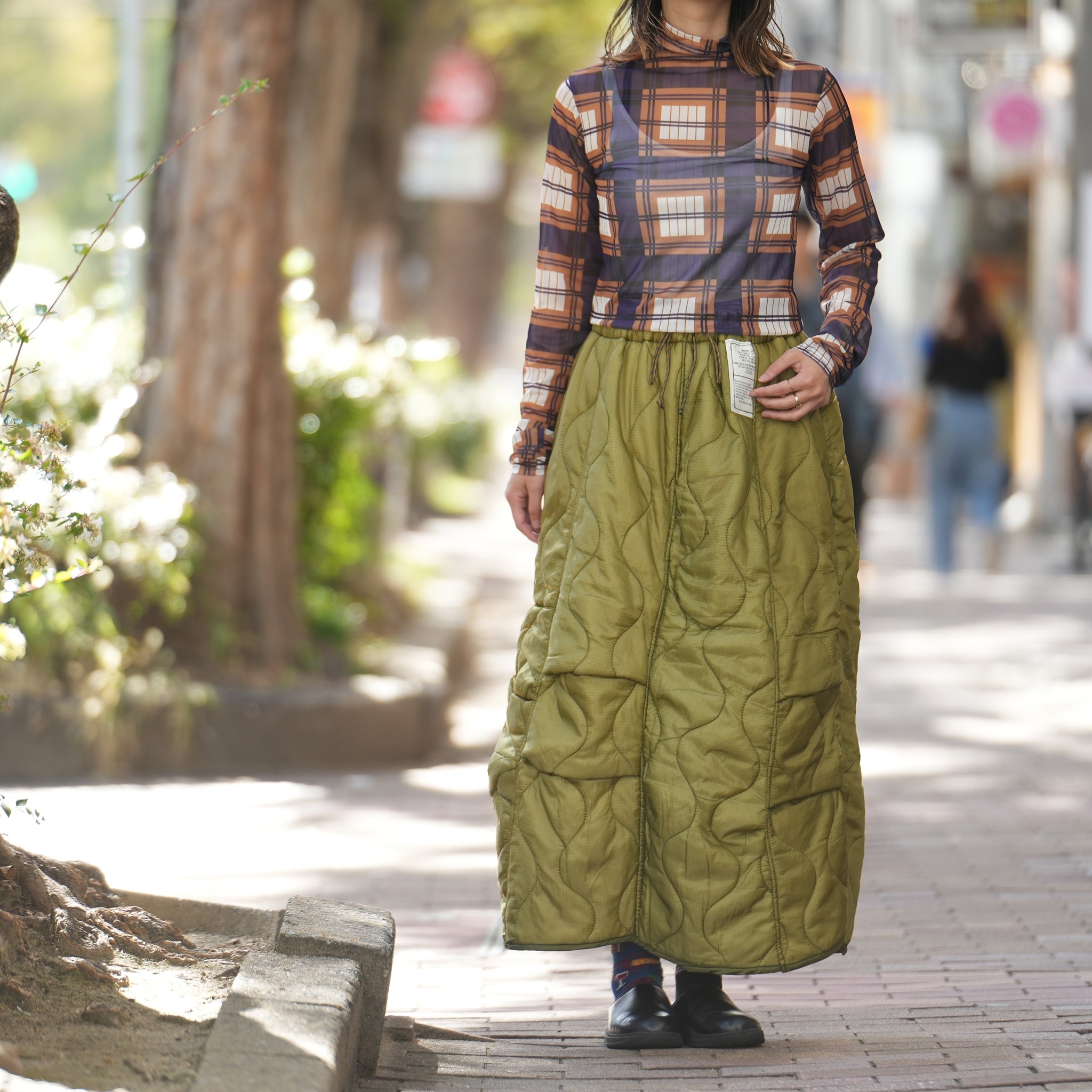 odd22fw06 | Quilting Long Skirt – Olive | ODDMENT