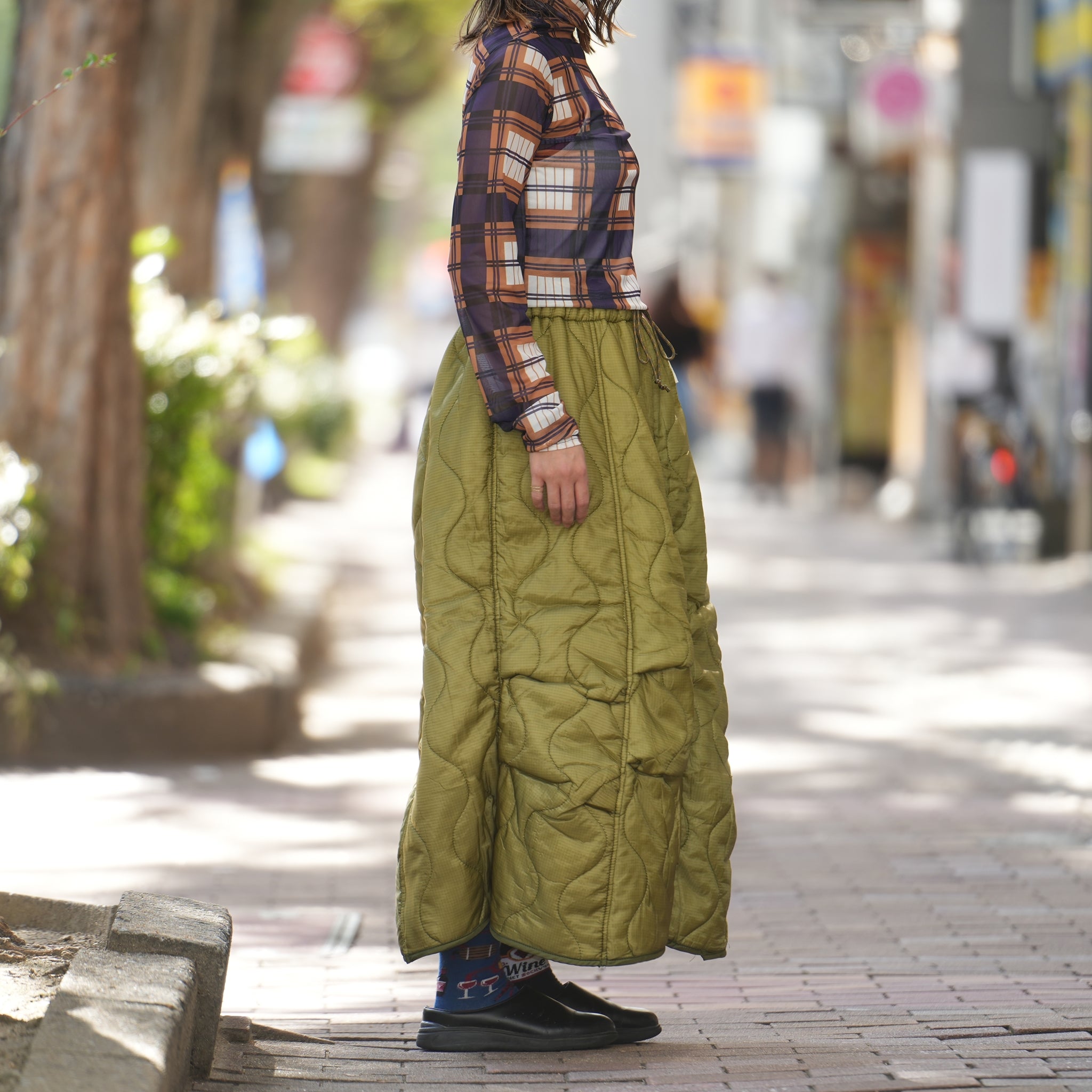 odd22fw06 | Quilting Long Skirt – Olive | ODDMENT