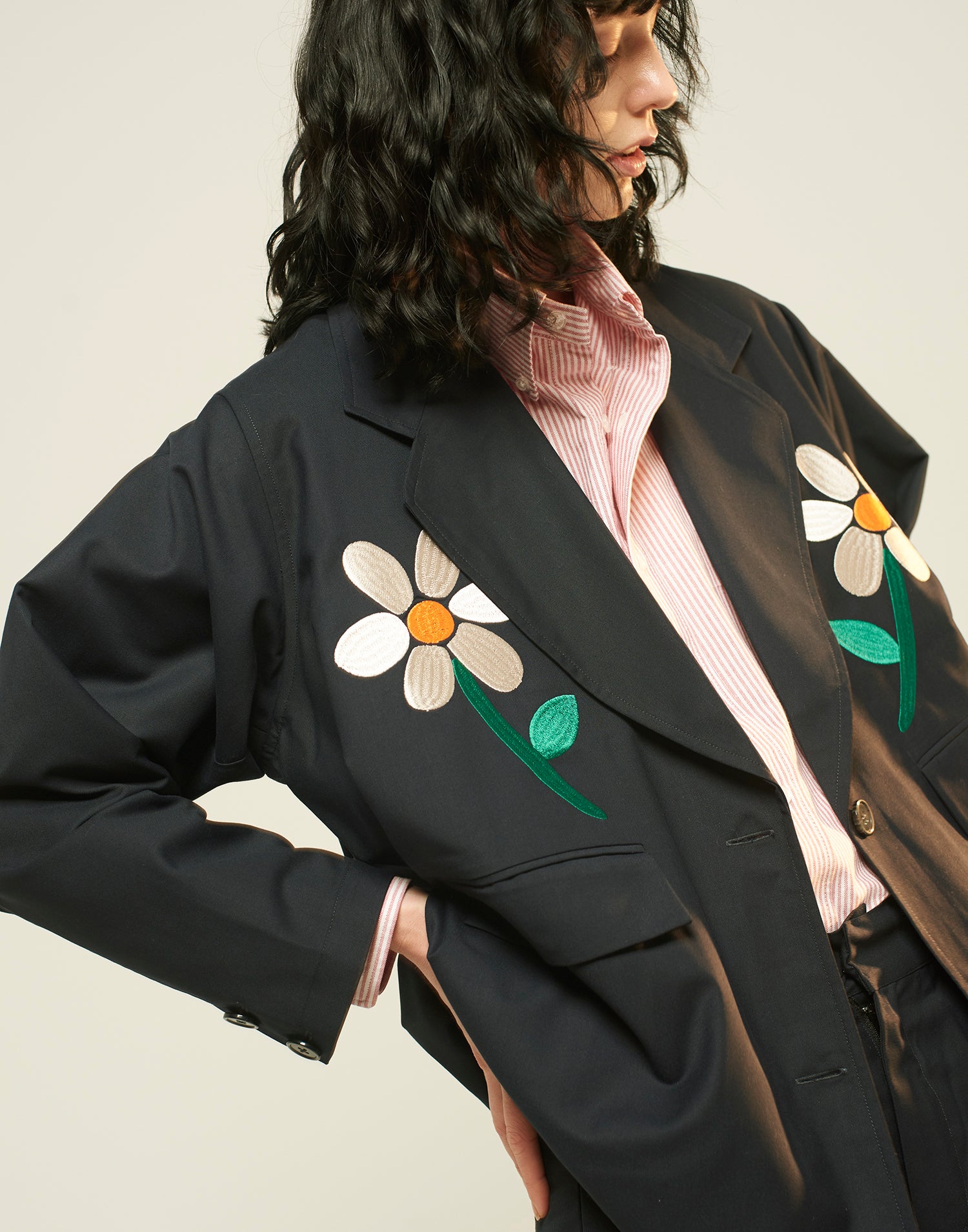 No:LL-JK01 | Name:Flower Embroidery Big Jacket | Color:Gray/Navy【EFILEVOL_エフィレボル】