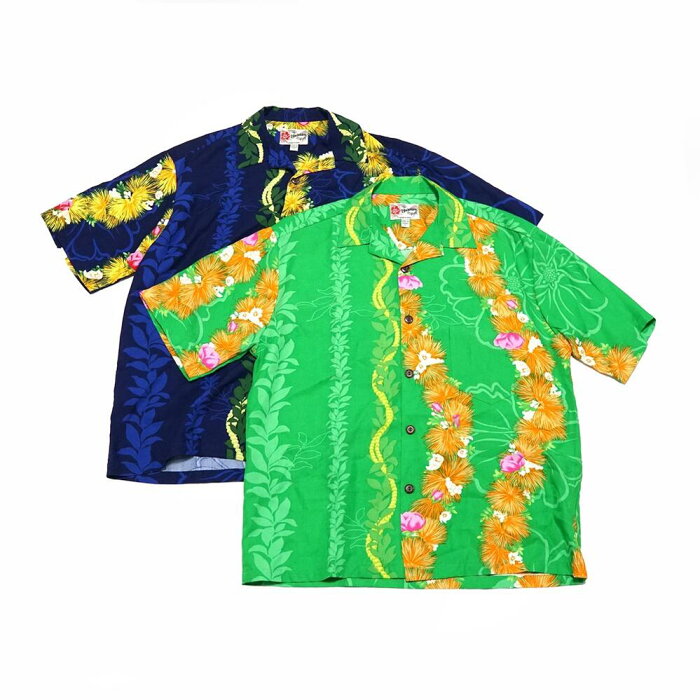 Name:Men's Aloha Shirt-Ohia | Color:Green/Navy | No:542-HASMB【Hilo Hattie  ヒロハッティ】【UNISEX ユニセックス】【アロハシャツ】【202003】【ネコポス選択可能】