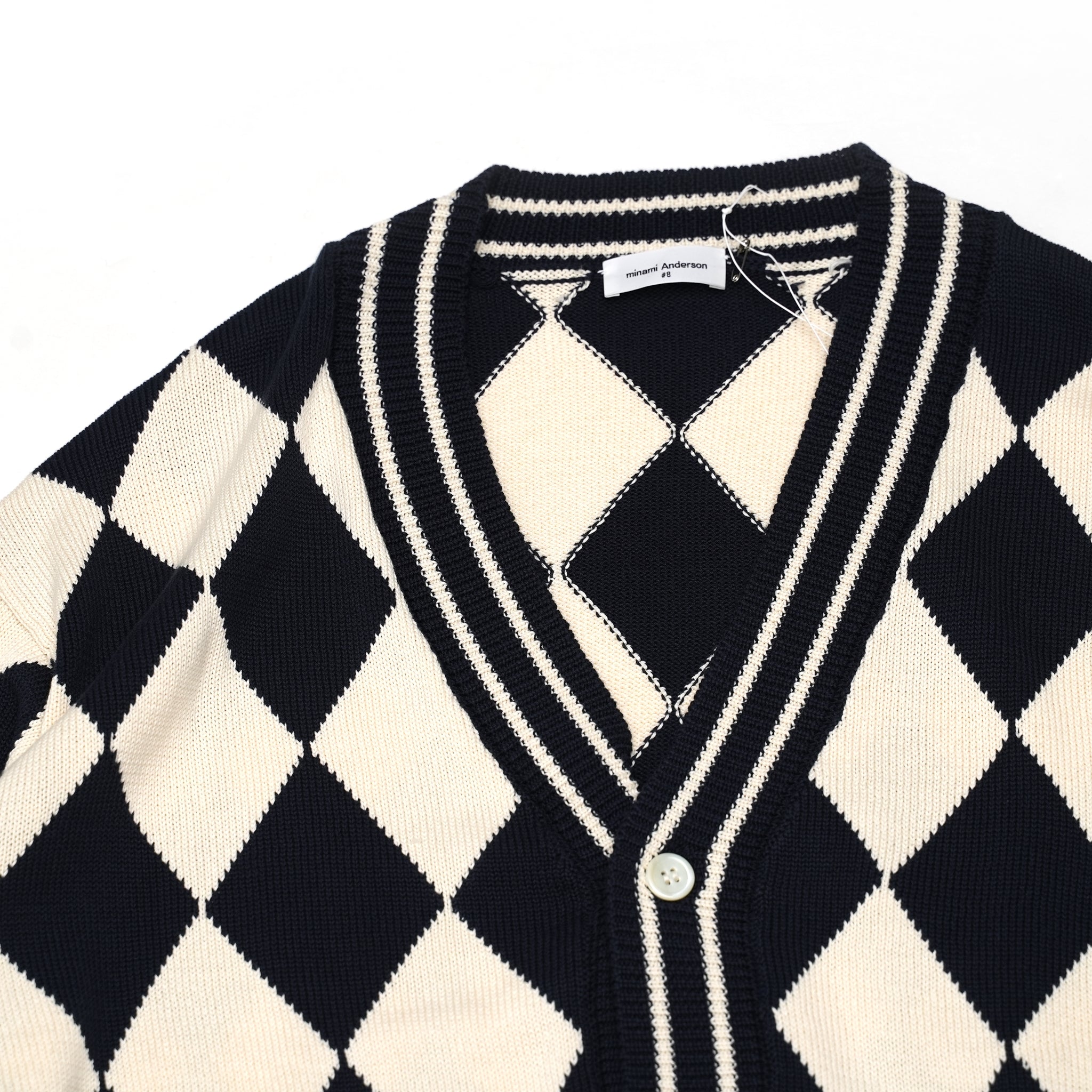 23#08373-3010 | Diamond pattern Cotton Knit Cardigan | Color:ネイビー【MINAMI ANDERSON_ミナミアンダーソン】
