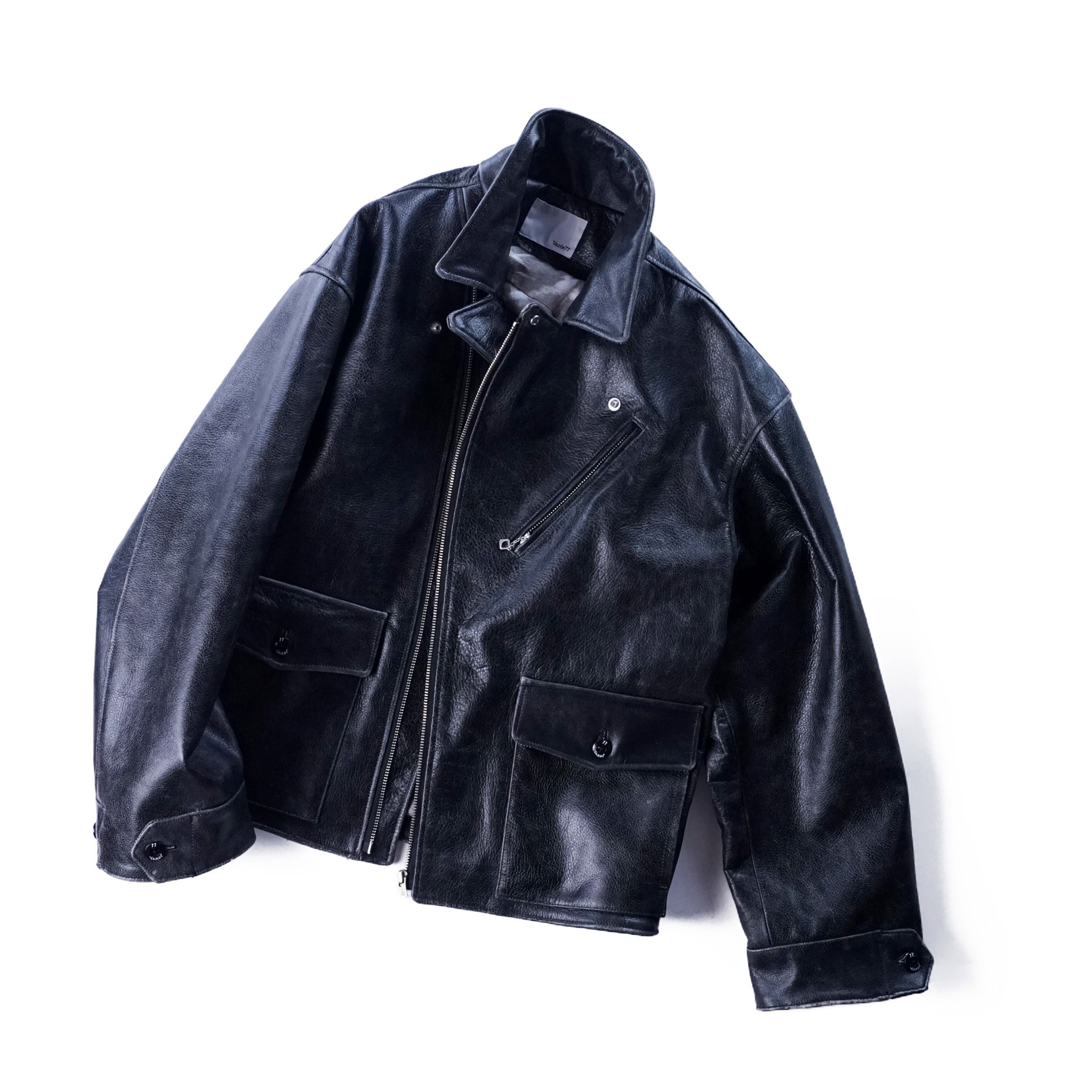 Crack leather double wide jacketBlack | VARDE77