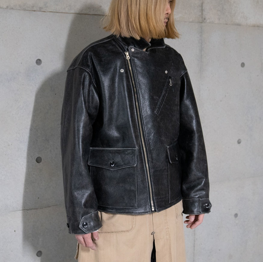 Crack leather double wide jacketBlack | VARDE77